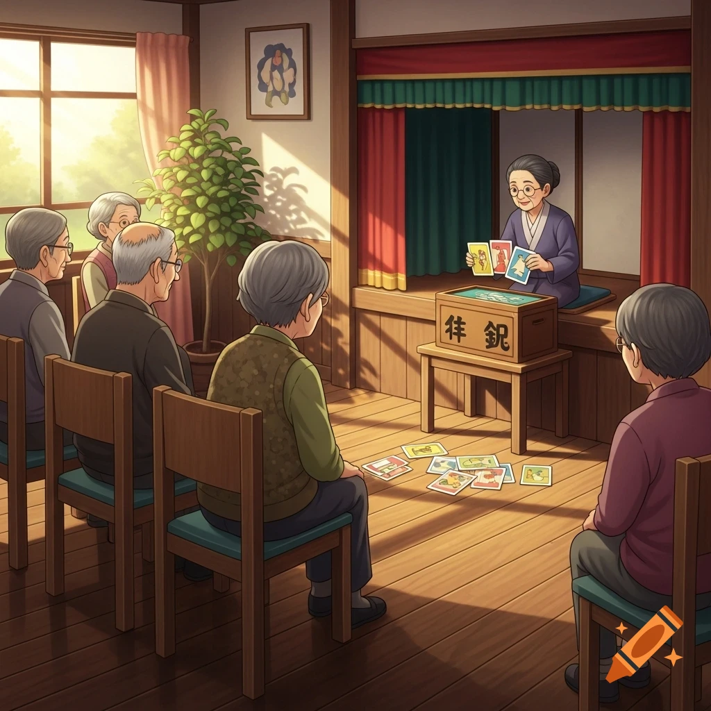 Elderly people in a traditional Japanese room watch a woman perform kamishibai storytelling with illustrated cards, sunny window light.