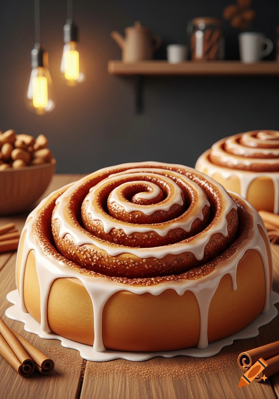 Close-up of a large, frosted cinnamon roll with white icing and cinnamon sugar, surrounded by cinnamon sticks on a wooden table. Warm lights hang in the blurred background.
