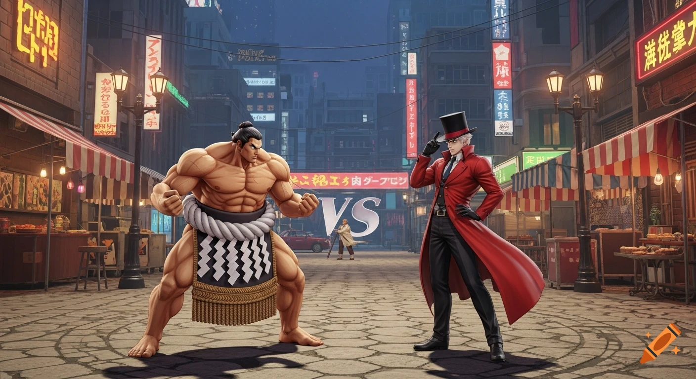 Two stylized characters, a muscular sumo wrestler and a man in a red trench coat and top hat, face off on a city street with neon signs at night.