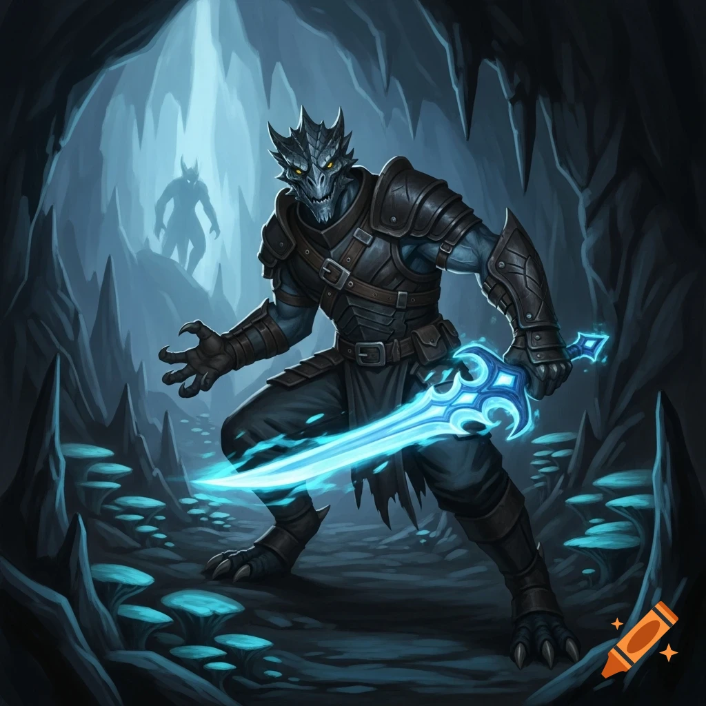 A blue dragonborn rogue with a glowing sword crouches in a dark cave with glowing mushrooms, a shadowy figure in the background. Fantasy art.