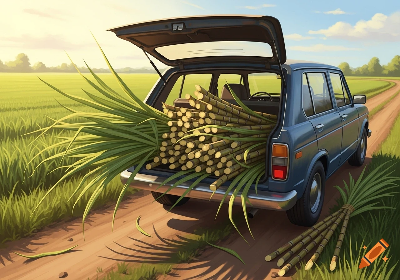 A blue car with its trunk open, overflowing with cut sugarcane stalks, parked on a dirt road next to green fields in a digital art style.