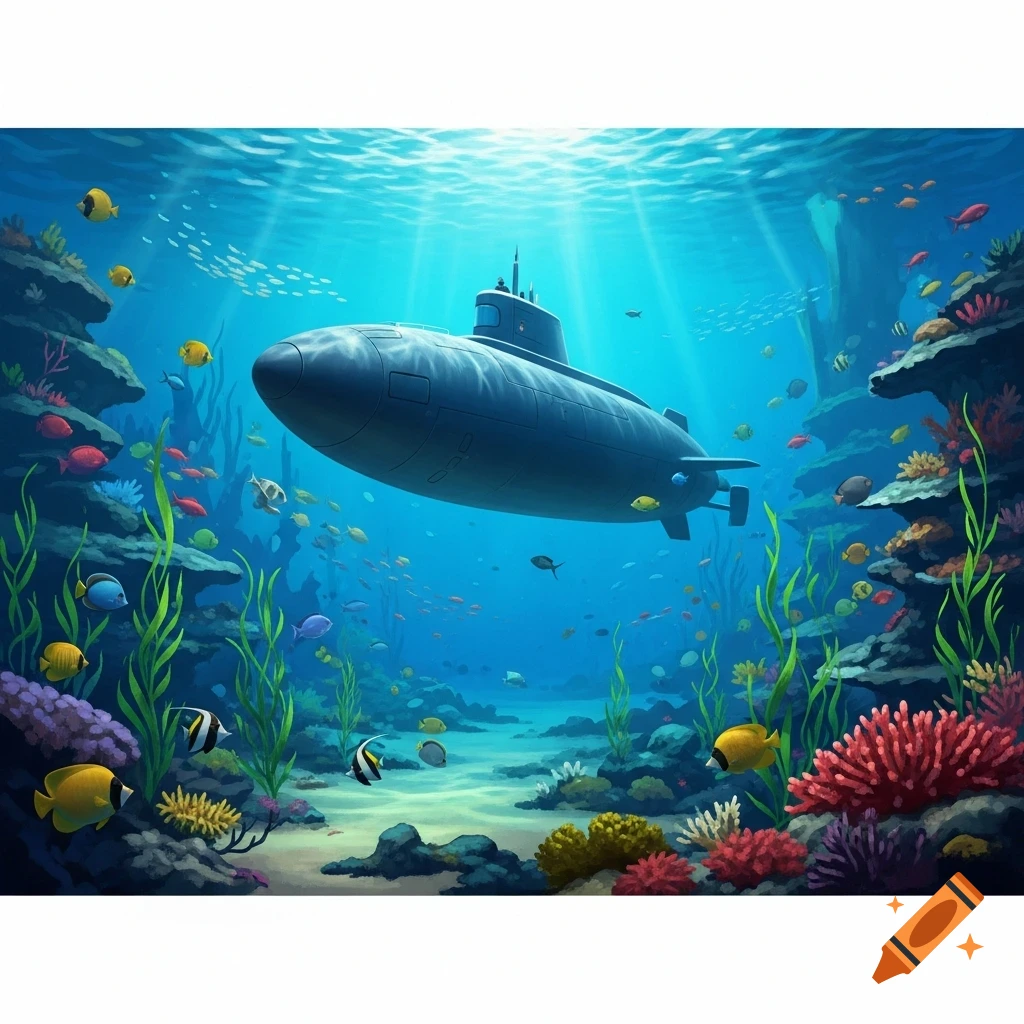 Vibrant cartoon illustration of a grey submarine underwater, surrounded by a colorful coral reef and schools of fish, with sun rays.