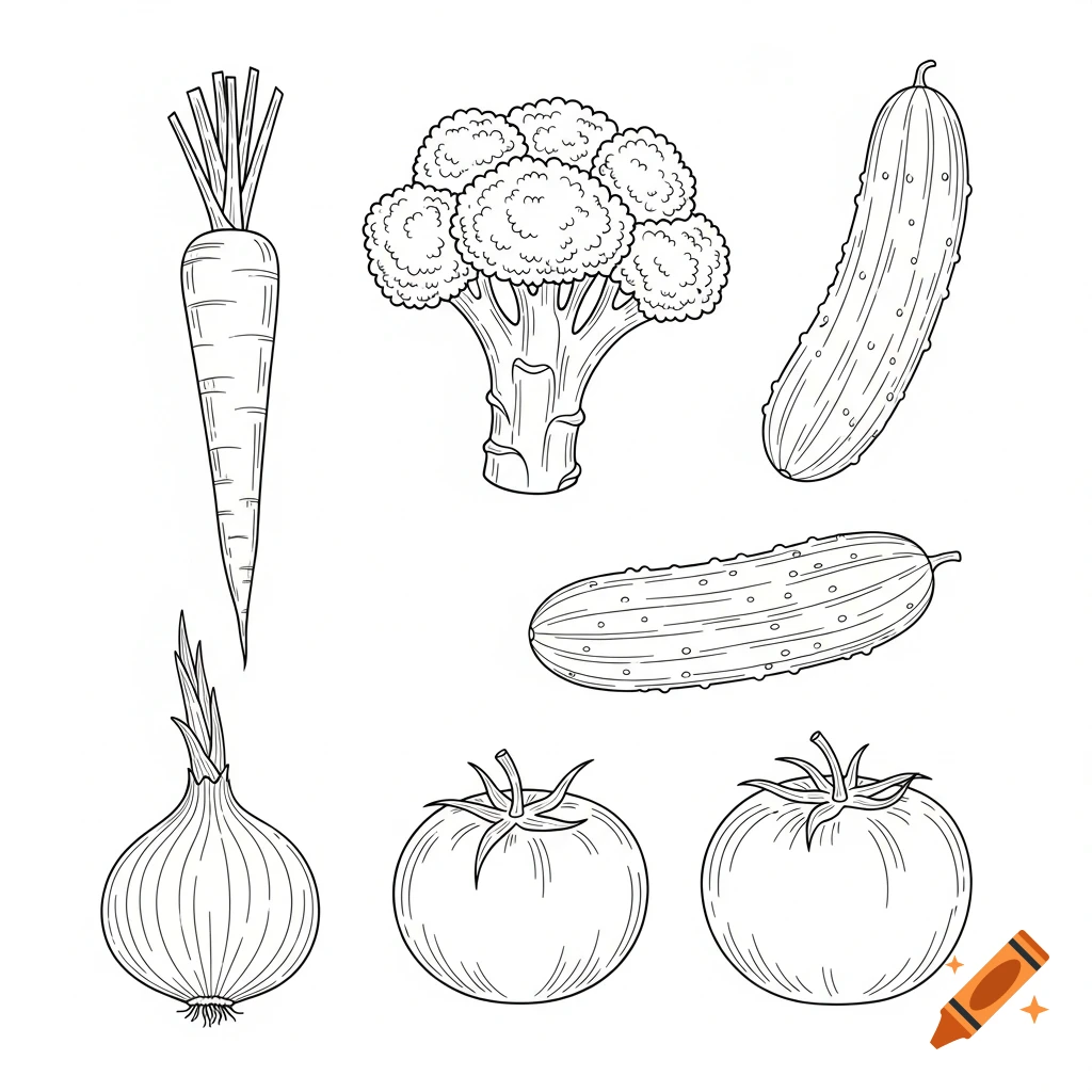 Line art illustration of a carrot, broccoli, two cucumbers, an onion, and two tomatoes on a white background.