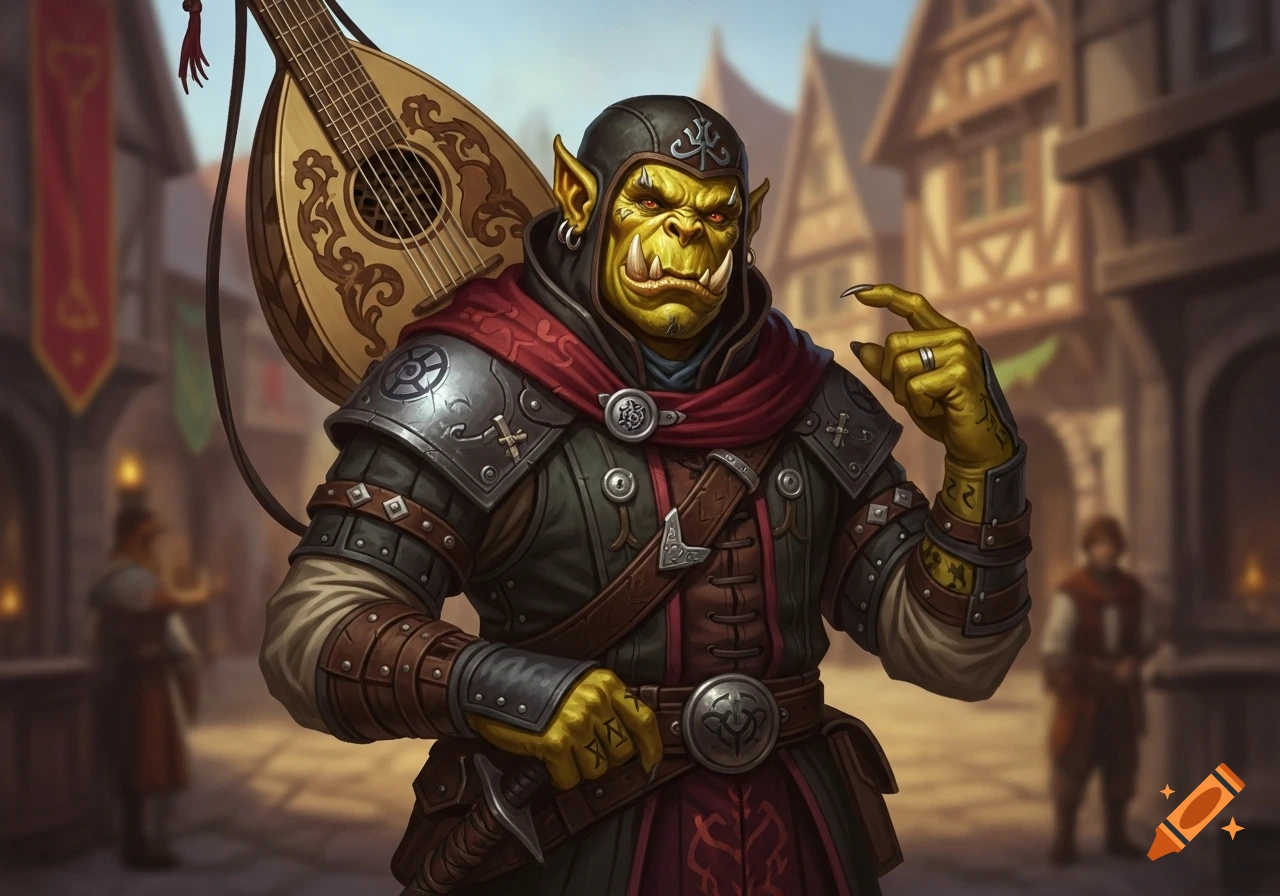 A detailed fantasy portrait of an orc bard with yellowish-green skin, wearing armored bardic clothes and carrying a lute, in a medieval town.