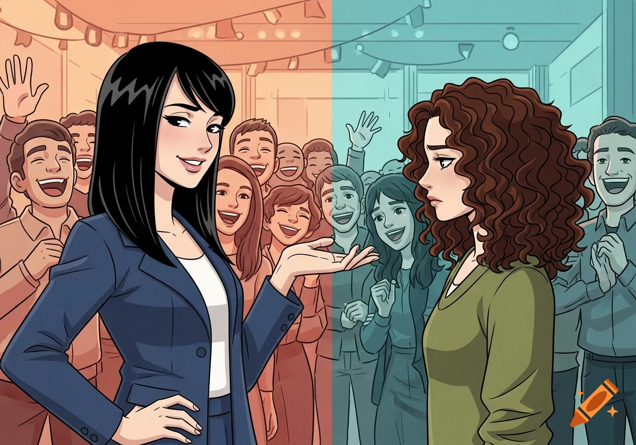 Cartoon of a straight-haired woman with a fake smile talking to a laughing crowd, while a curly-haired woman sadly watches her.