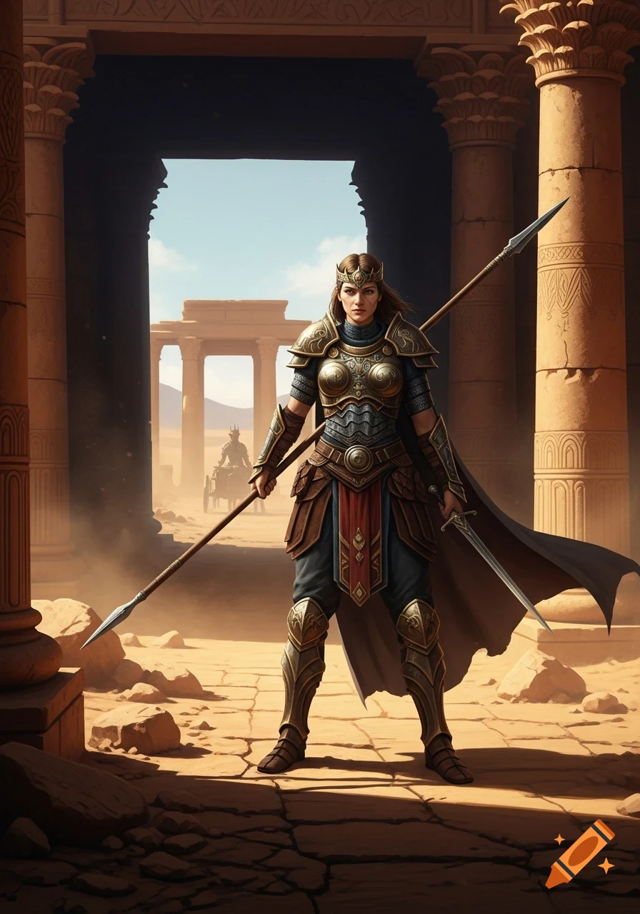 Photorealistic illustration of a female warrior in bronze armor, holding a spear and sword, standing in ancient desert ruins with columns and a distant chariot.