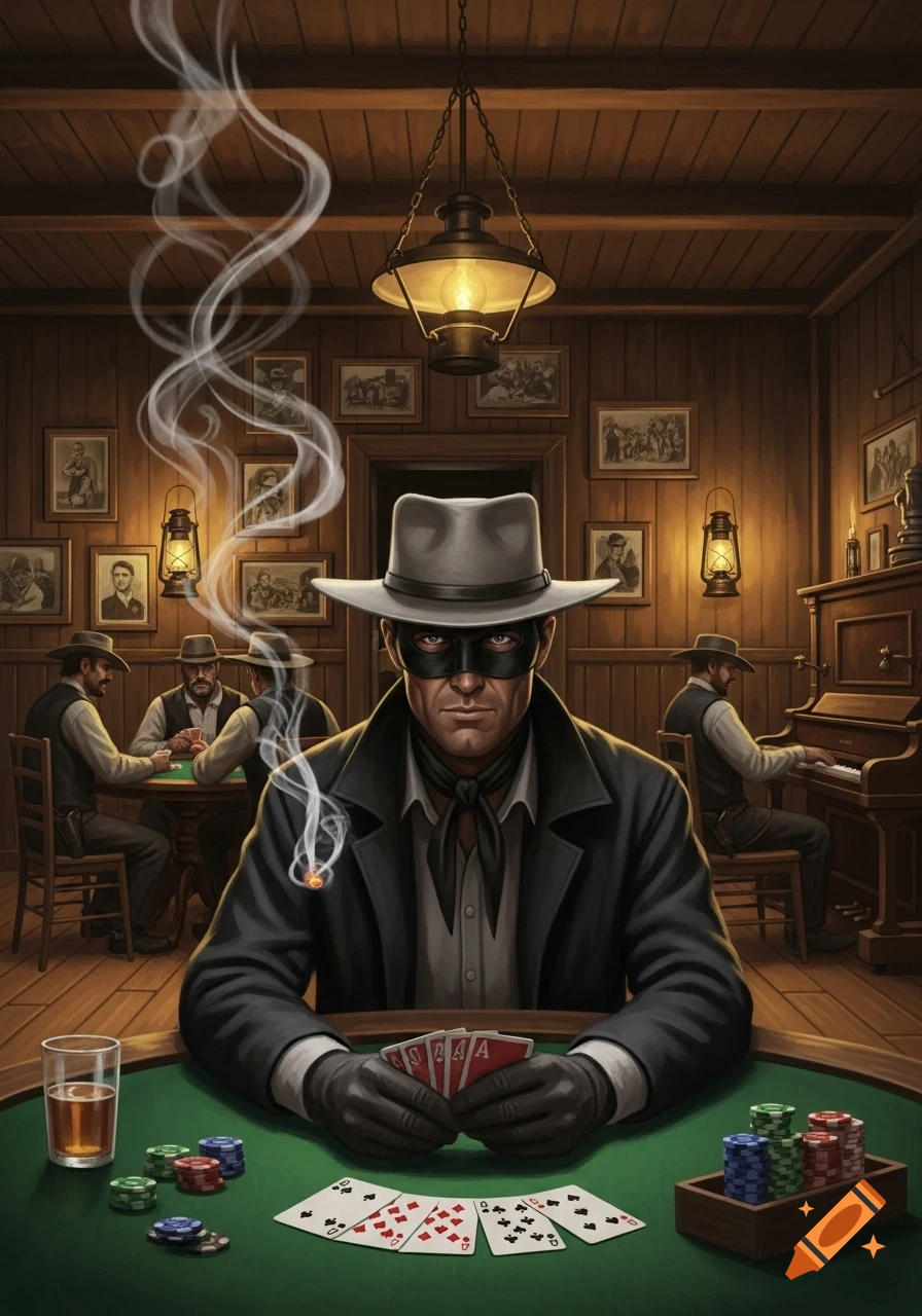 The Lone Ranger, wearing a mask and hat, sits at a poker table, holding cards and smoking a cigar in a dimly lit Western saloon.