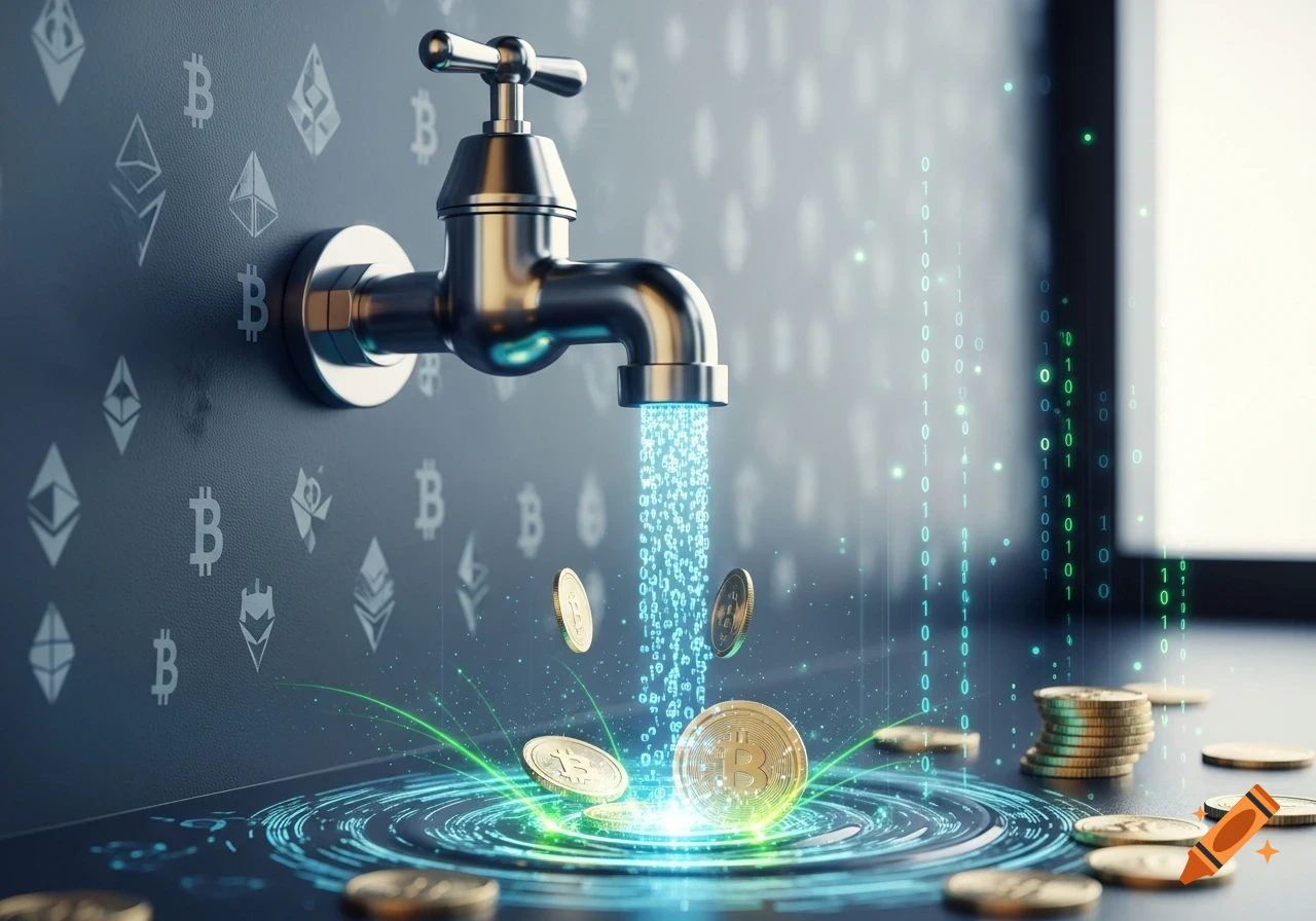 A chrome faucet drips blue binary code, creating golden Bitcoin coins that land in glowing digital rings. Crypto symbols in background.