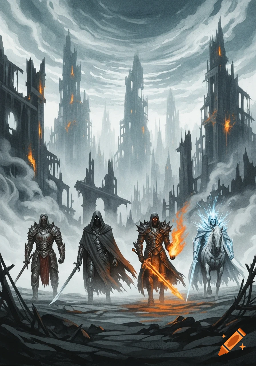 Four armored figures, one on a white horse, stand in a ruined, dark apocalyptic city. Watercolor fantasy style.
