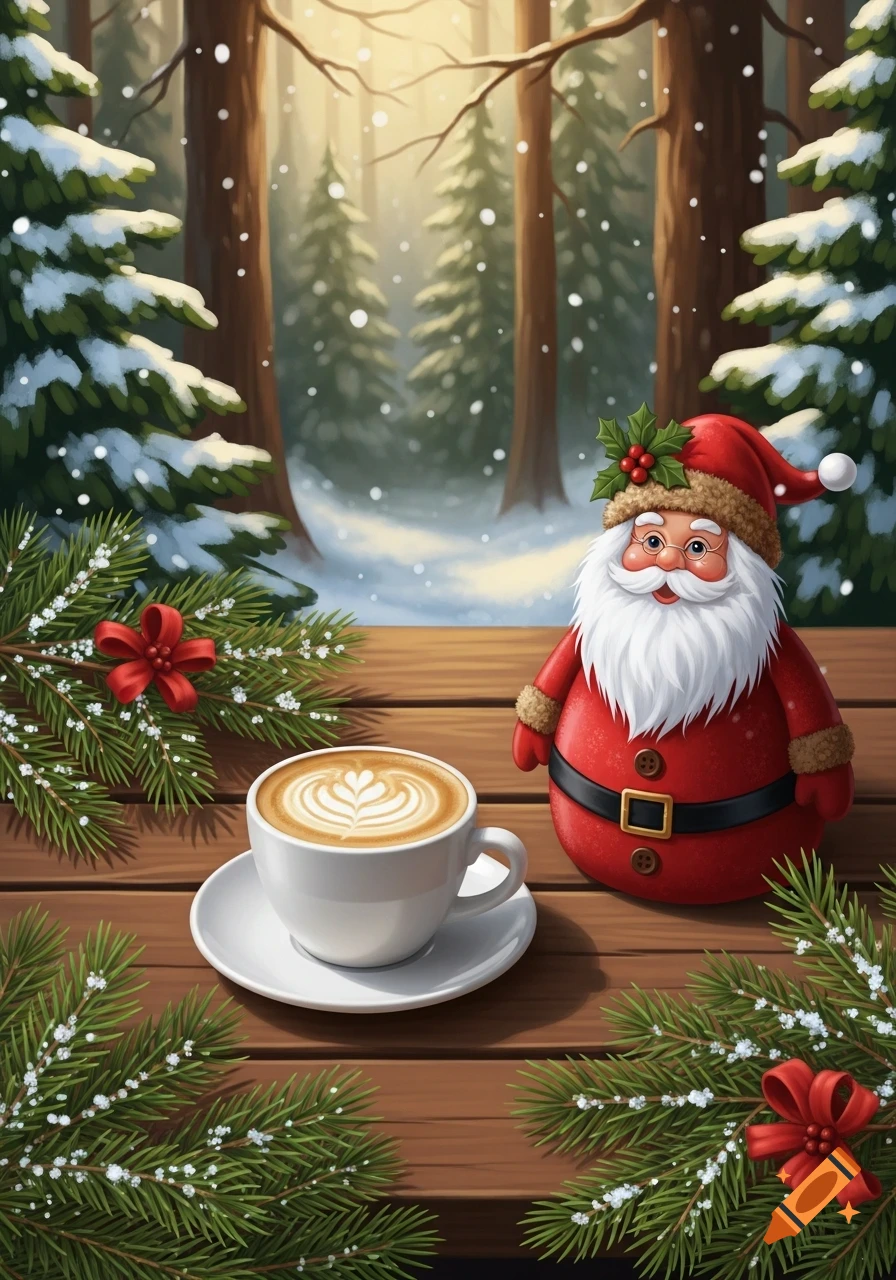 A cute Santa Claus figure sits beside a cappuccino with latte art and Christmas greenery on a wooden table, overlooking a snowy forest. Stylized illustration.
