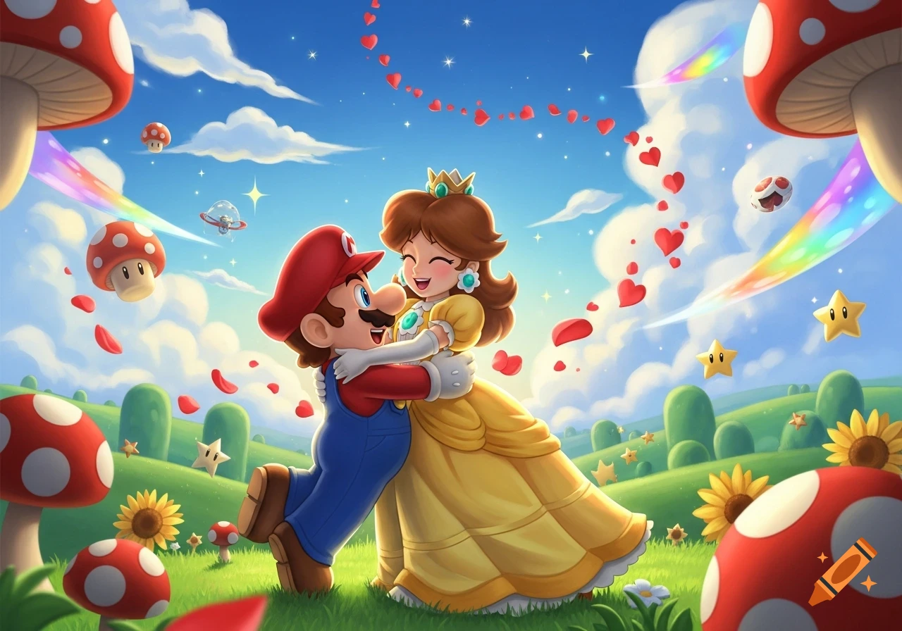 Mario and Princess Daisy hug lovingly in a vibrant fantasy landscape with mushrooms, rainbows, stars, and floating hearts.