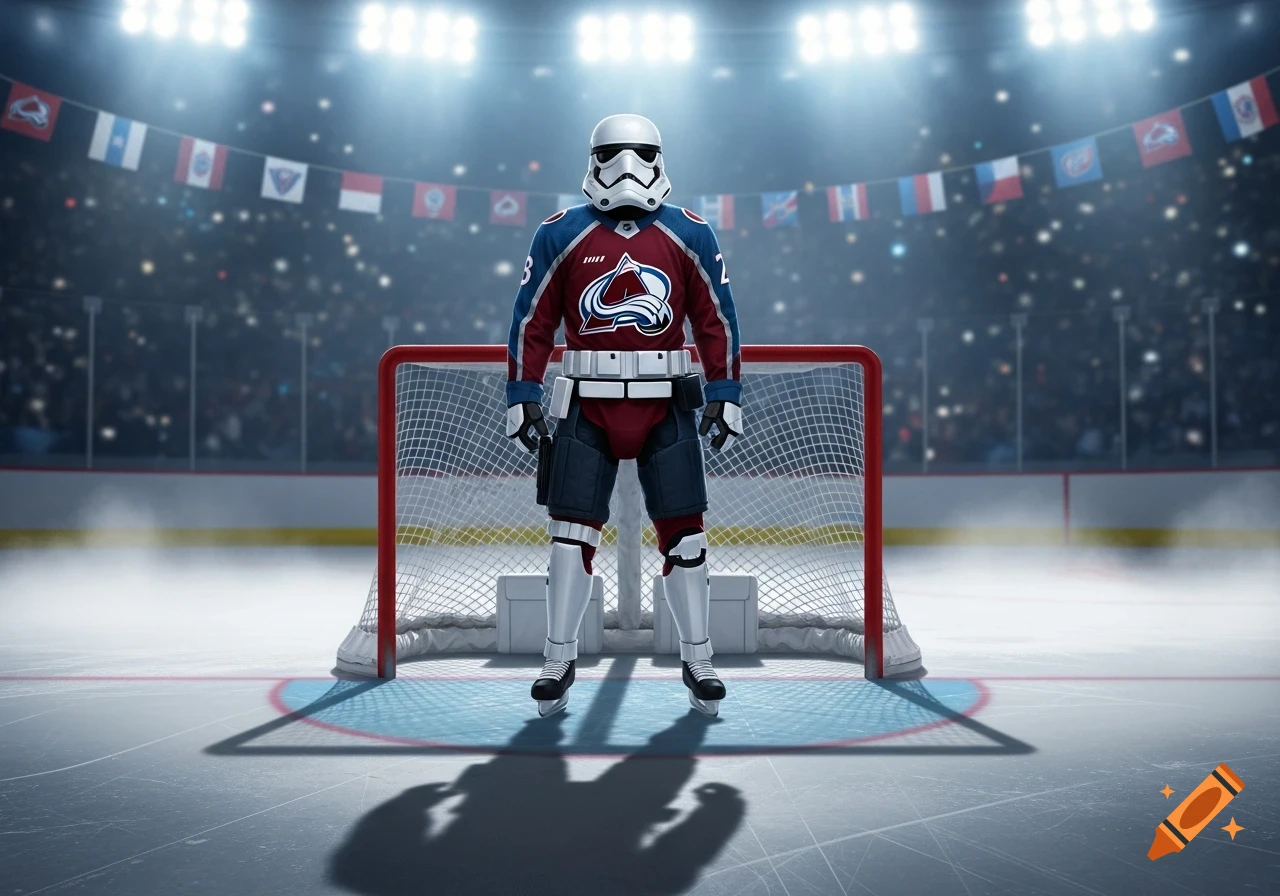 A First Order Stormtrooper in a Colorado Avalanche hockey jersey stands in front of a goal on an ice rink, under arena lights.