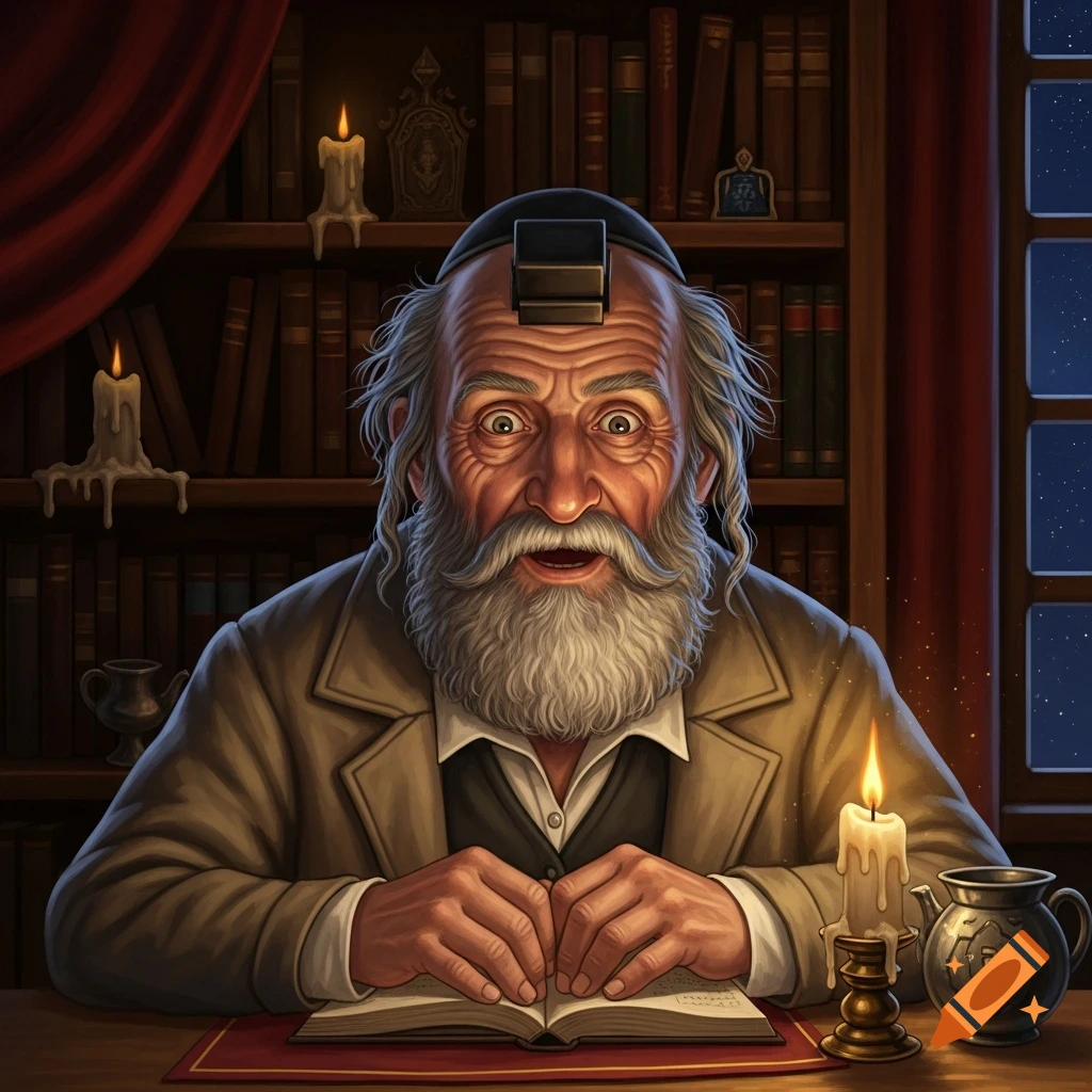 An old Jewish man with a long white beard and wide eyes, wearing a kippah and tefillin, studies an open book by candlelight in a library at night.