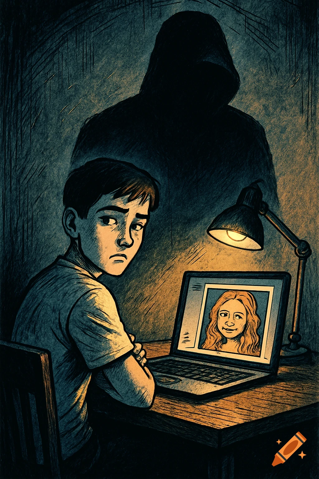A worried boy sits at a desk with a laptop, looking over his shoulder at a menacing hooded shadow behind him, in a dark comic art style. The laptop screen shows a smiling girl's face.