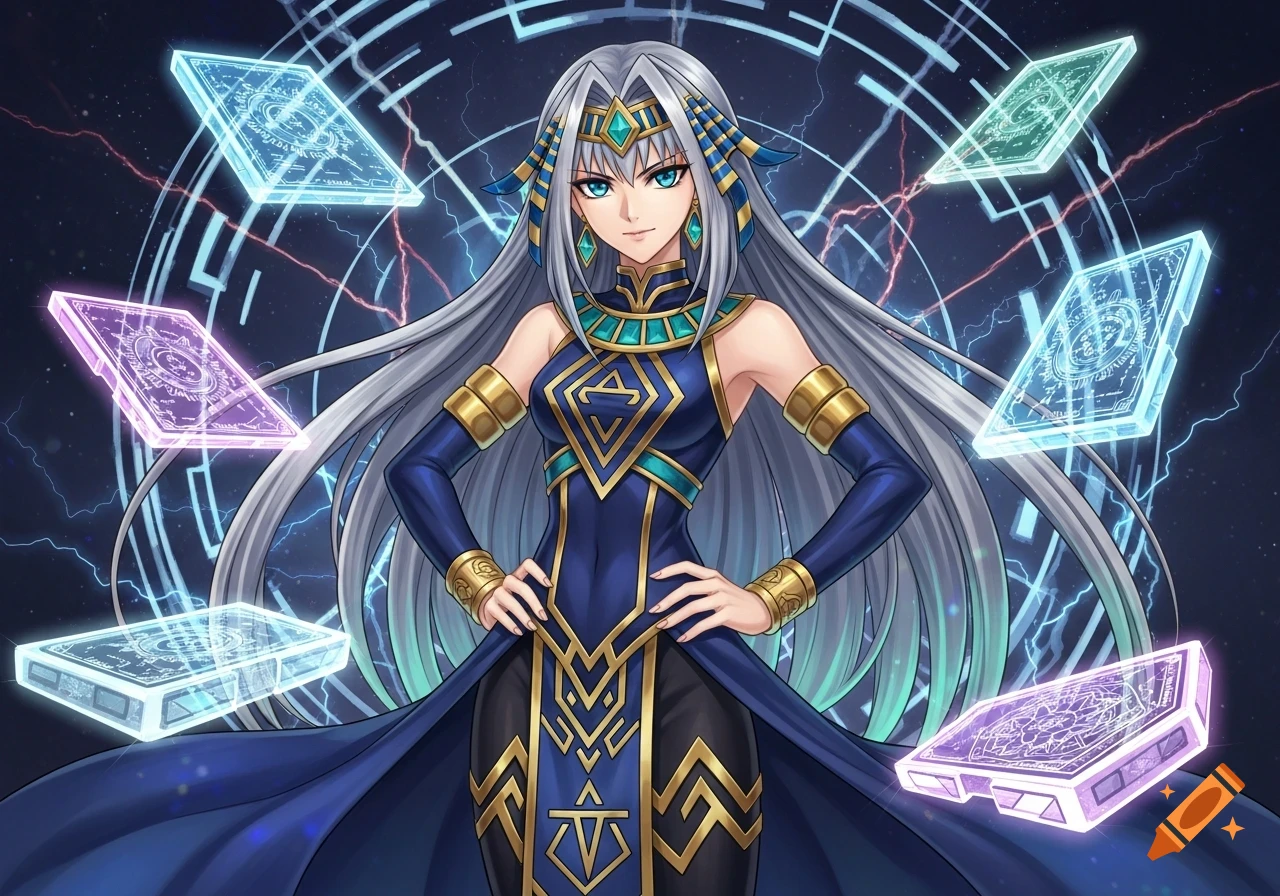A female character with long silver hair and blue eyes, wearing an ornate blue and gold dress, stands amidst glowing magical cards and lightning in anime style.