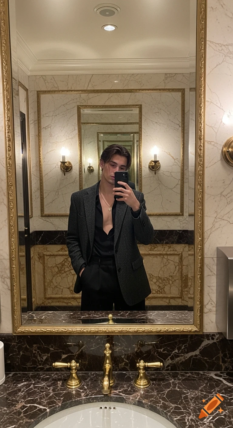 A young man in a dark tweed blazer and unbuttoned black shirt takes a mirror selfie in a luxurious, dimly lit restroom.