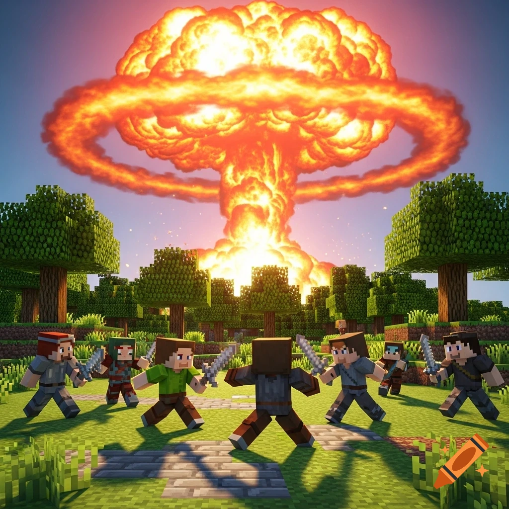 Minecraft characters wielding swords stand in a grassy field with trees, as a massive atomic mushroom cloud rises in the background under a blue sky.