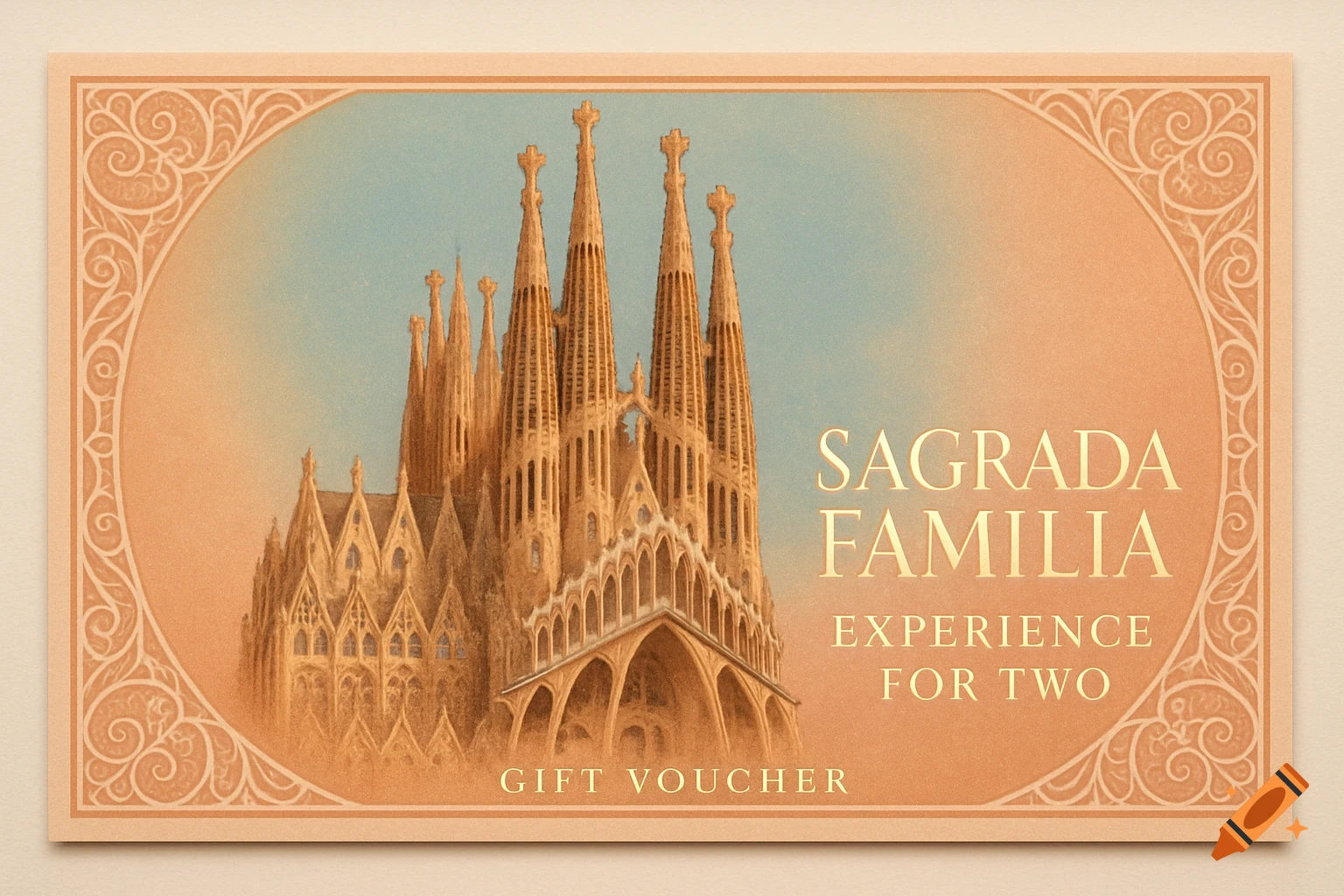 Vintage-style gift voucher for Sagrada Familia, featuring the basilica and text 'SAGRADA FAMILIA EXPERIENCE FOR TWO GIFT VOUCHER'.