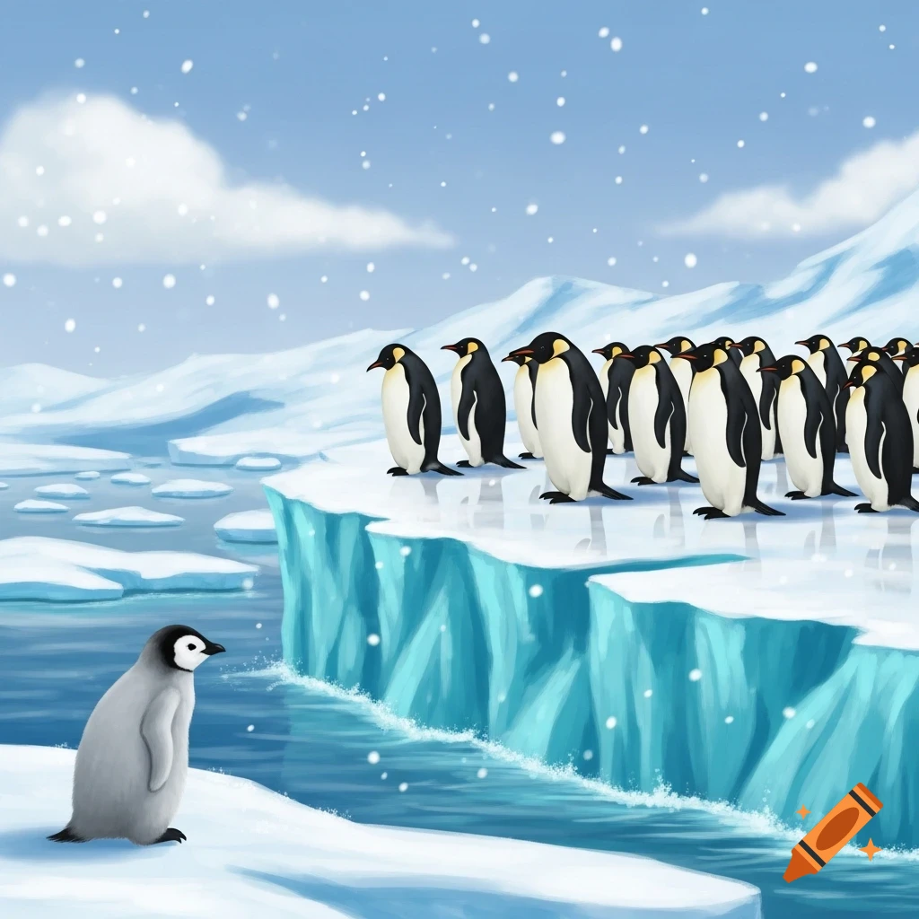 An illustration of multiple penguins on an ice floe with a baby penguin below, surrounded by snow and icebergs.