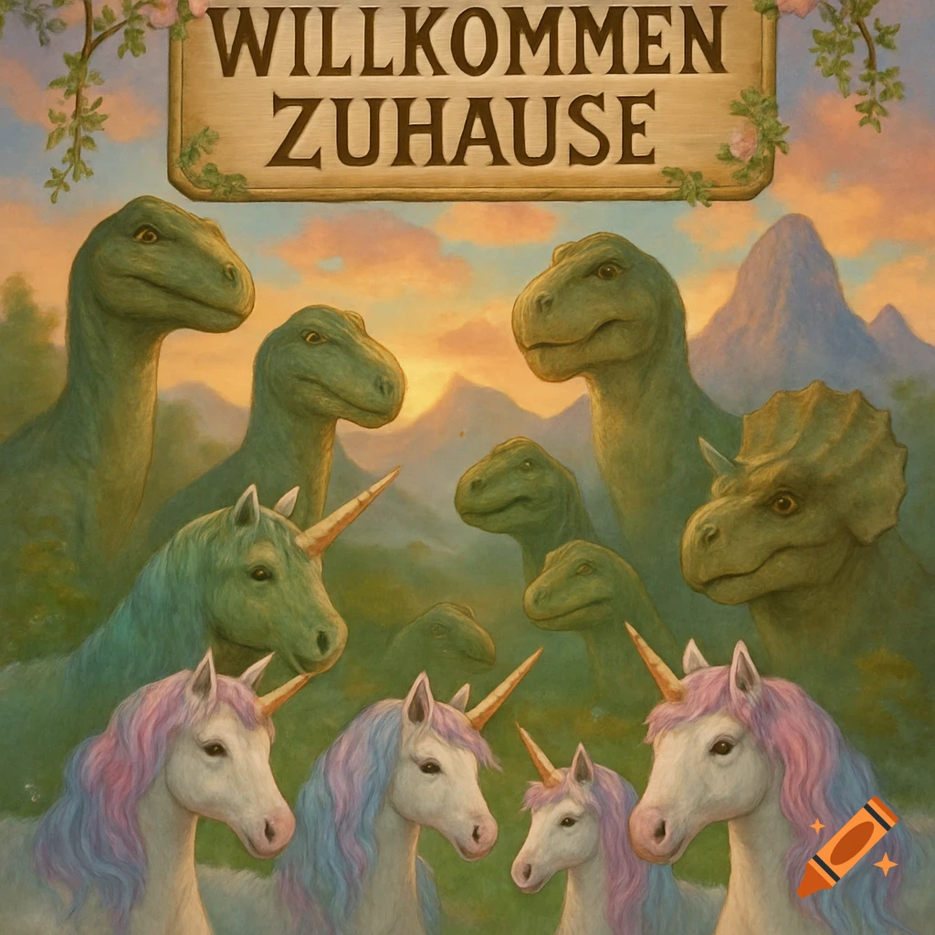 A whimsical, painterly image of dinosaurs and unicorns in a lush landscape under a sunset sky, with a sign reading 'WILLKOMMEN ZUHAUSE'.