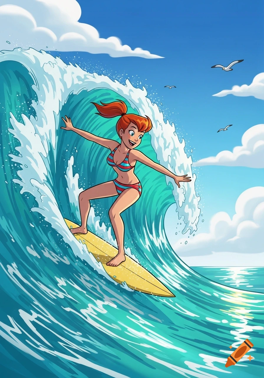 Cartoon character Molly McGee surfs a large ocean wave under a sunny sky with gulls flying.