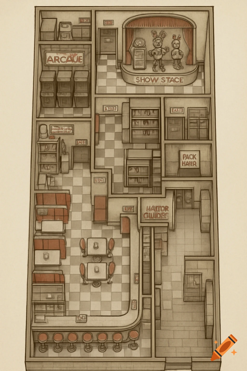 An overhead floor plan drawing of a 1950s-style diner featuring an arcade, a show stage with animatronics, a dining area with booths and a bar, and various back rooms.