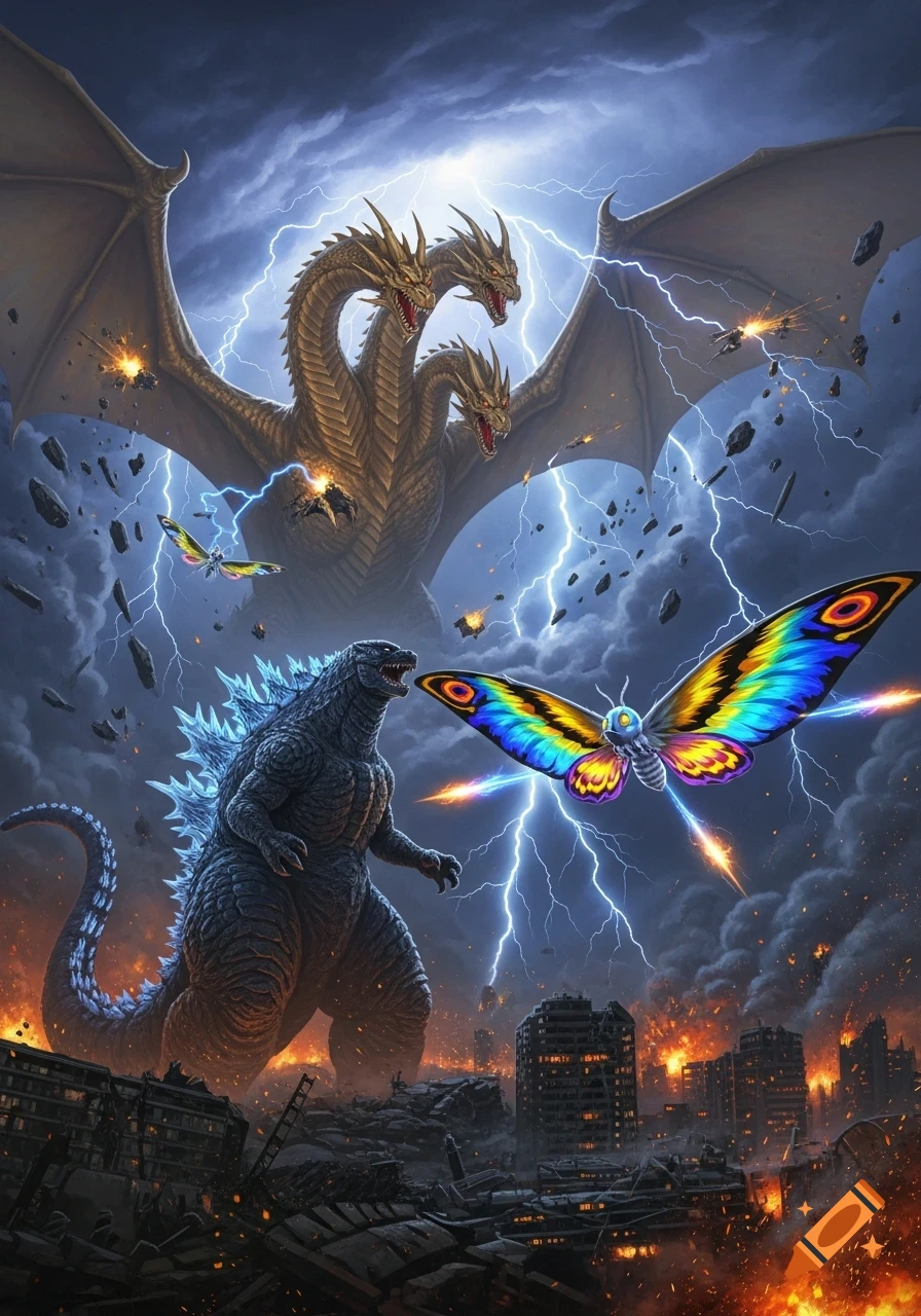 Godzilla and Mothra battle King Ghidorah during a lightning storm over a burning, ruined city.