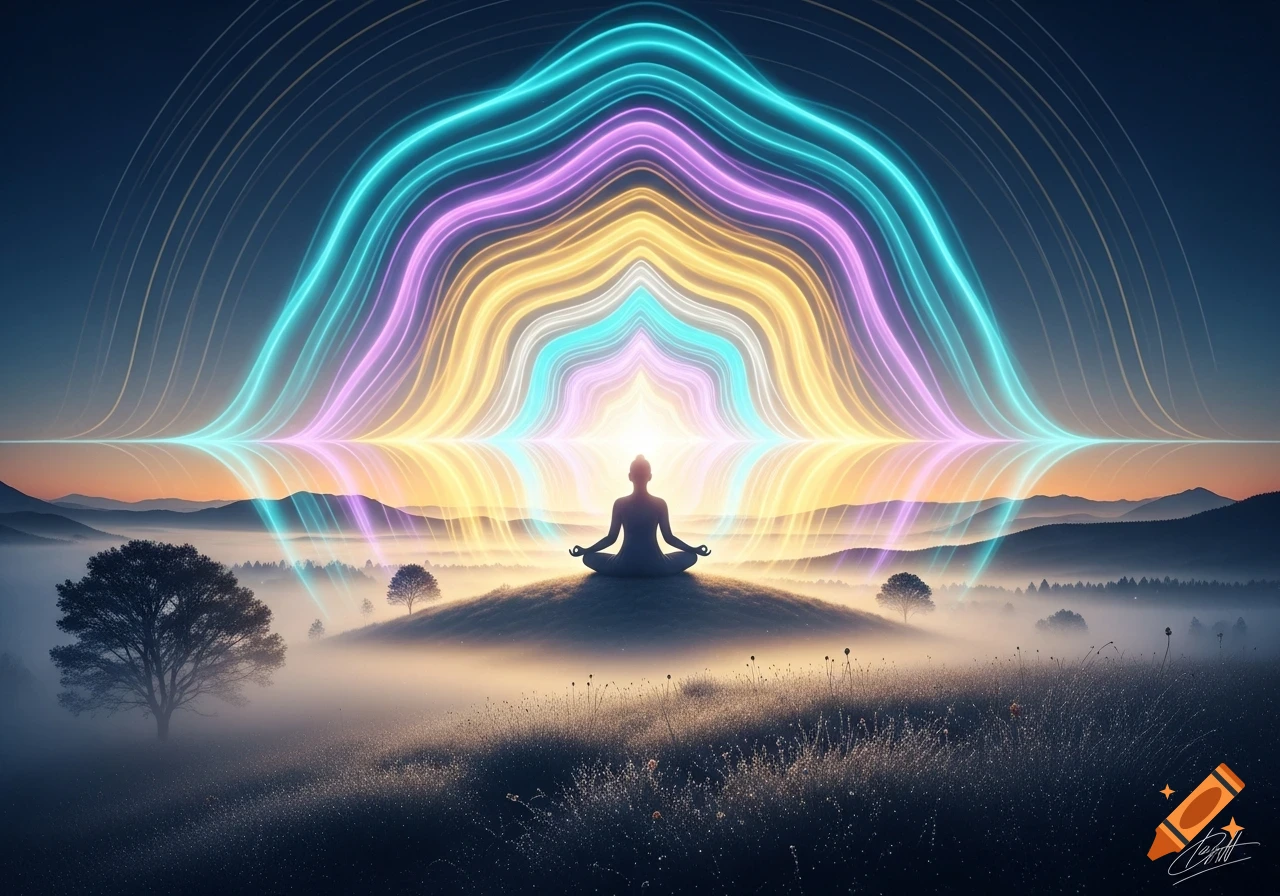 A silhouetted person meditates on a hilltop, surrounded by a radiant, colorful, ethereal aura extending into a misty landscape at sunset.