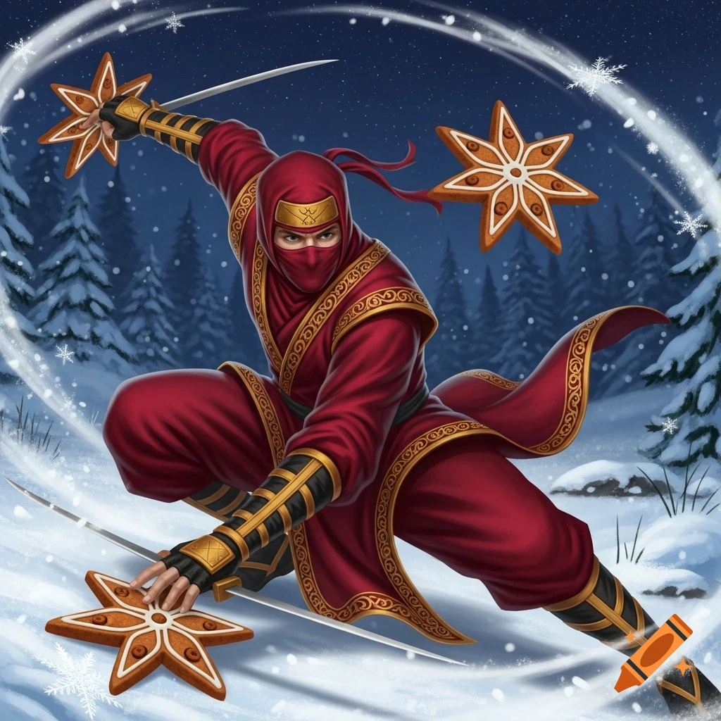 A red and gold ninja crouches in a snowy forest, holding star-shaped gingerbread cookies as shurikens, with snowflakes falling.