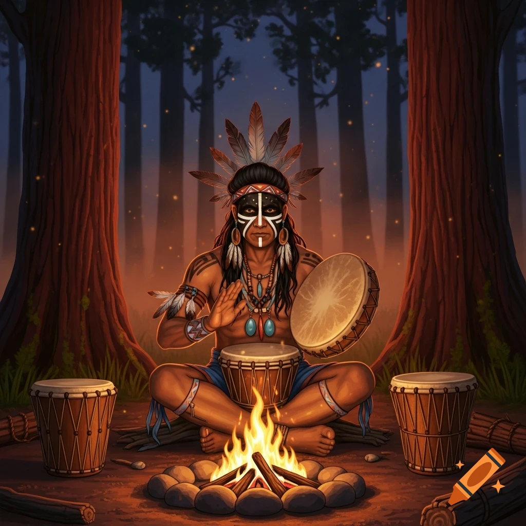 A man in traditional attire with face paint sits cross-legged by a campfire in a forest, playing drums.