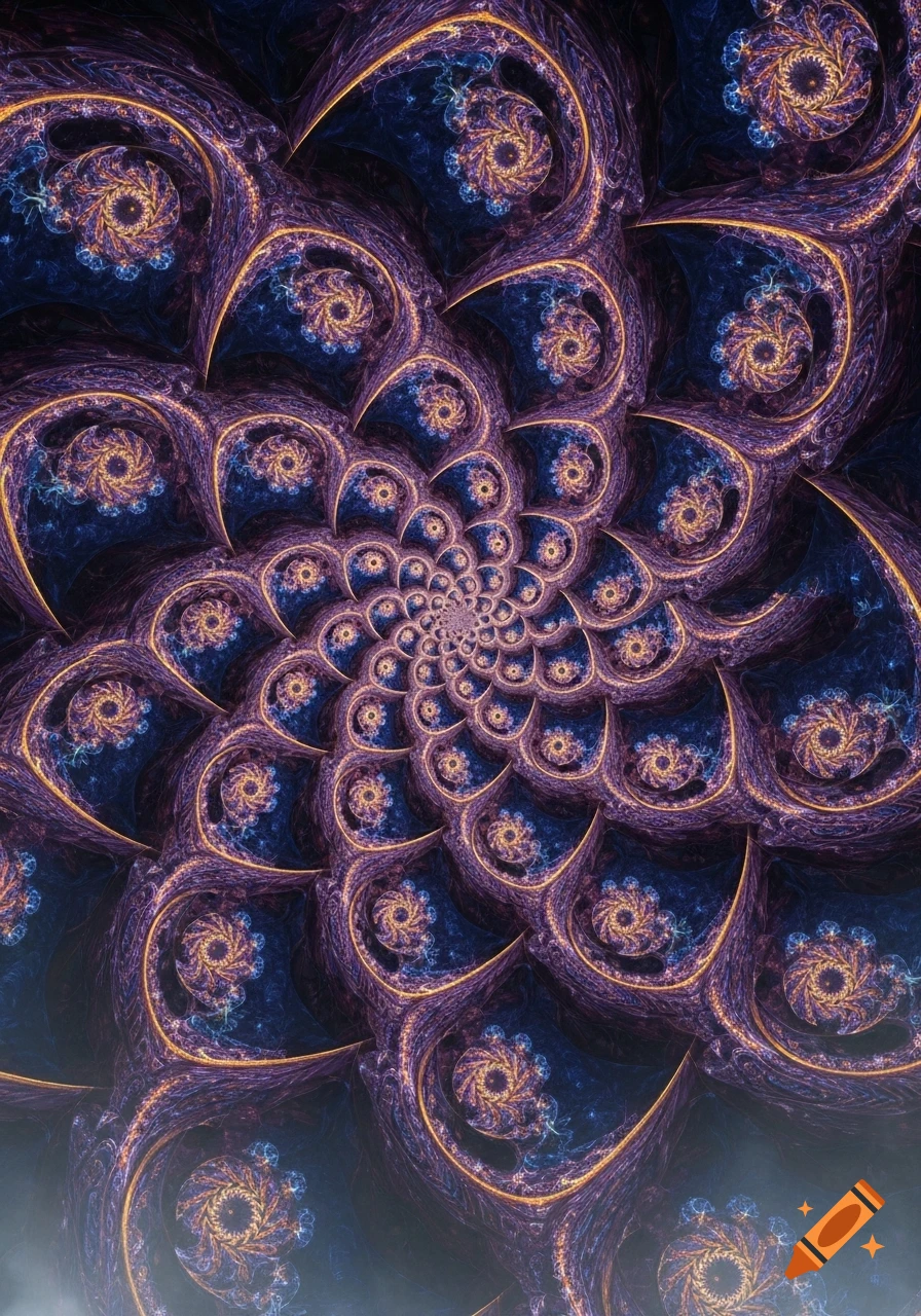 A vibrant, intricate fractal spiral pattern in shades of purple, blue, and gold, with swirling eye-like motifs.