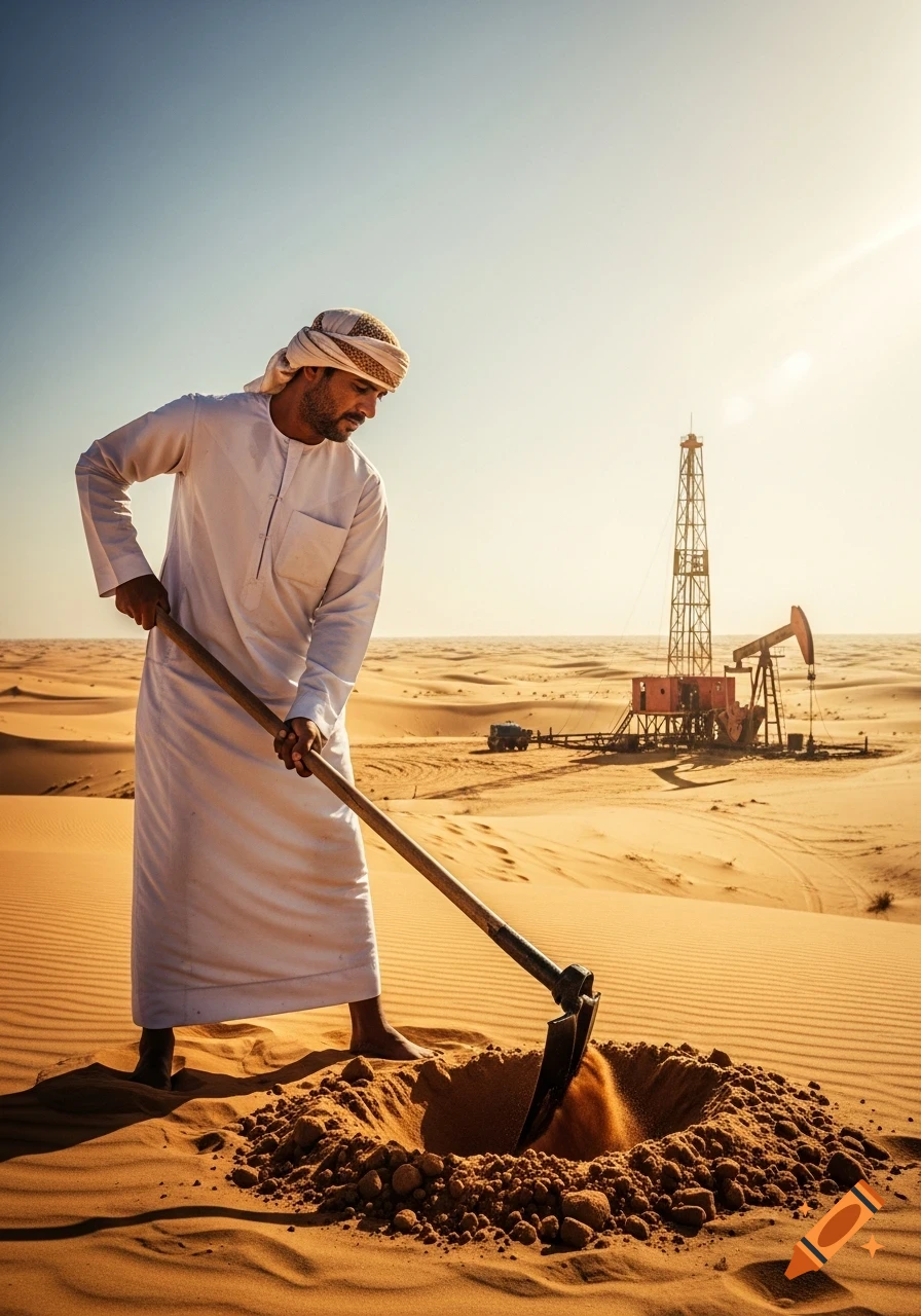 Photorealistic image of an Arabic man digging a hole in a desert with a hoe, with oil rigs in the background.