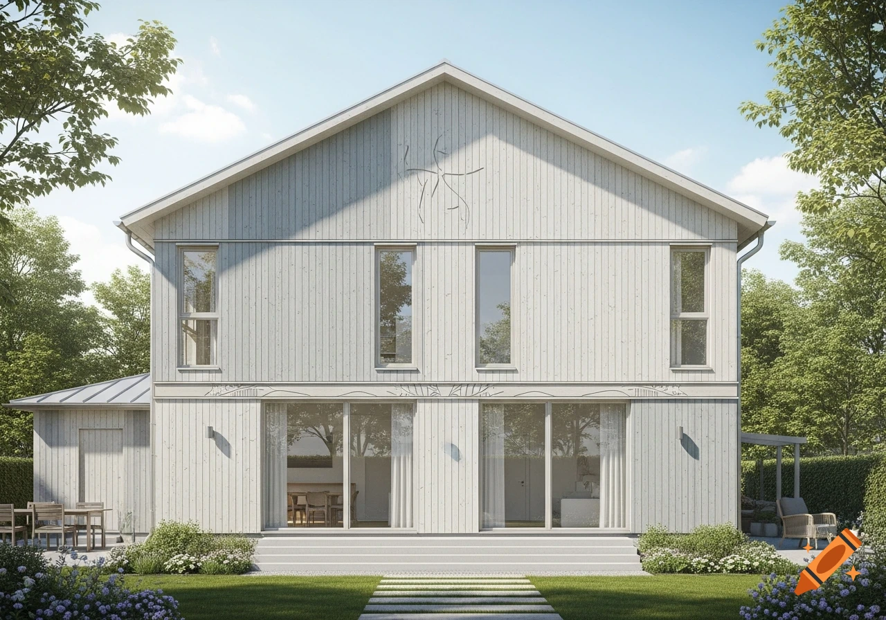 A modern Scandinavian-style house with a light wooden facade, large windows, and a simple green garden.