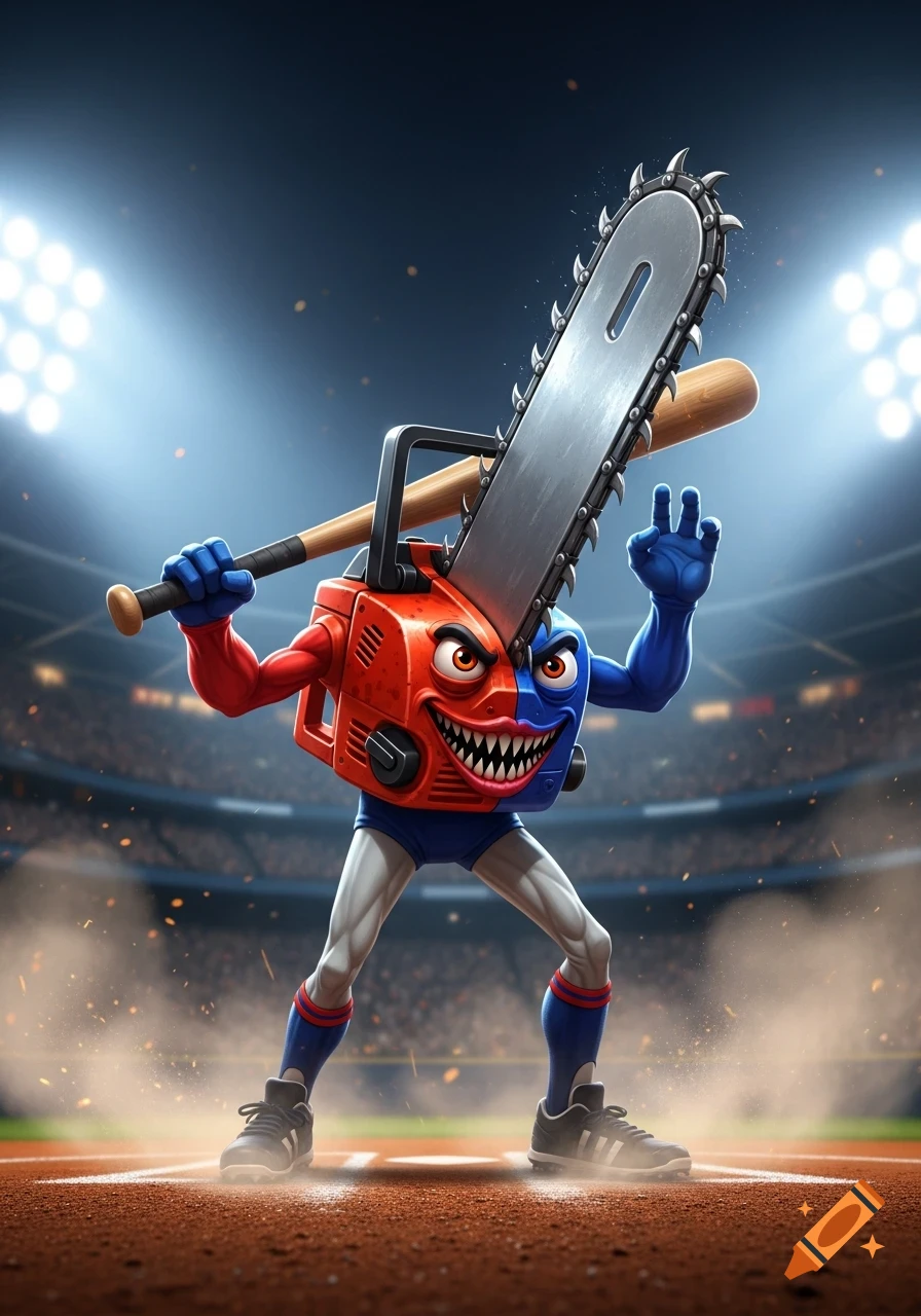 Cartoon chainsaw-bat hybrid character with a menacing face, holding a baseball bat on a baseball field at night.