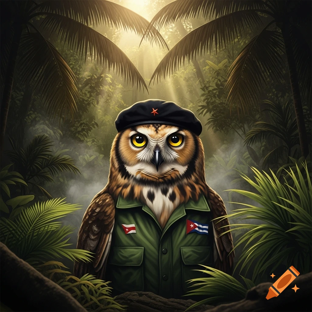 An anthropomorphic owl wearing a green military uniform with flags and a black beret with a red star, standing in a lush jungle.