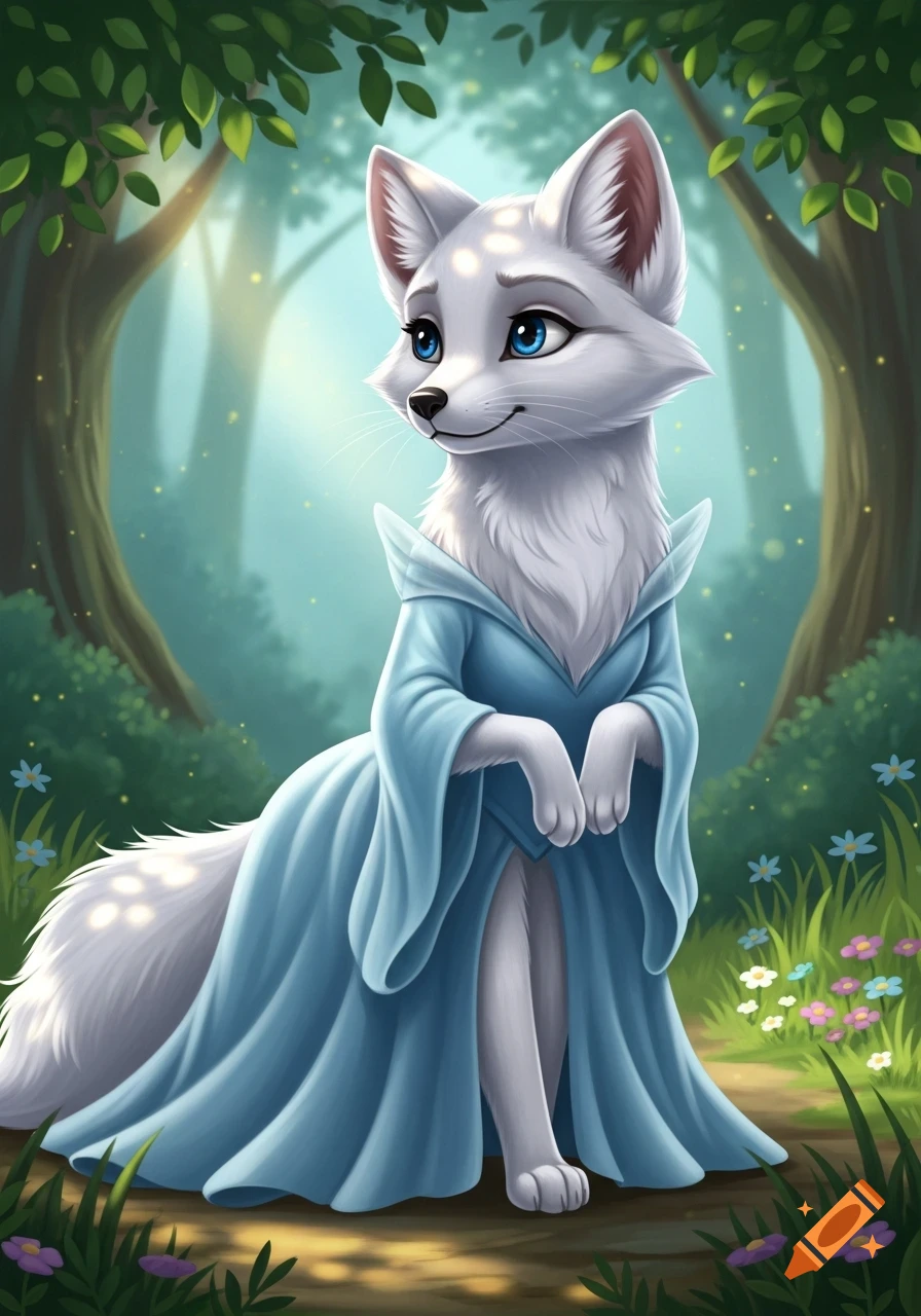 A Disney-inspired white fox in a light blue dress with blue eyes stands in a magical forest.