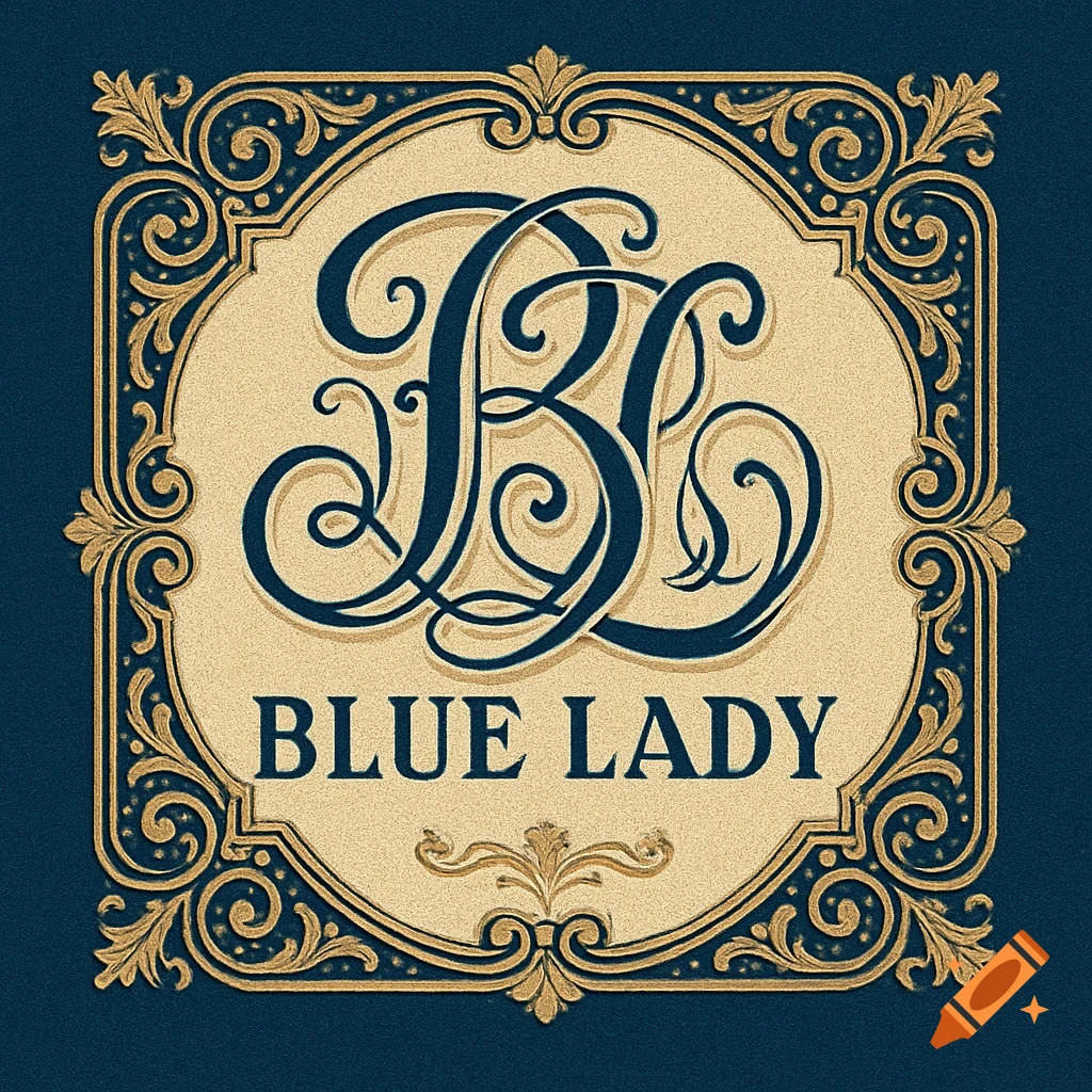 Monogram logo for Blue Lady with ornate gold and blue vintage design.