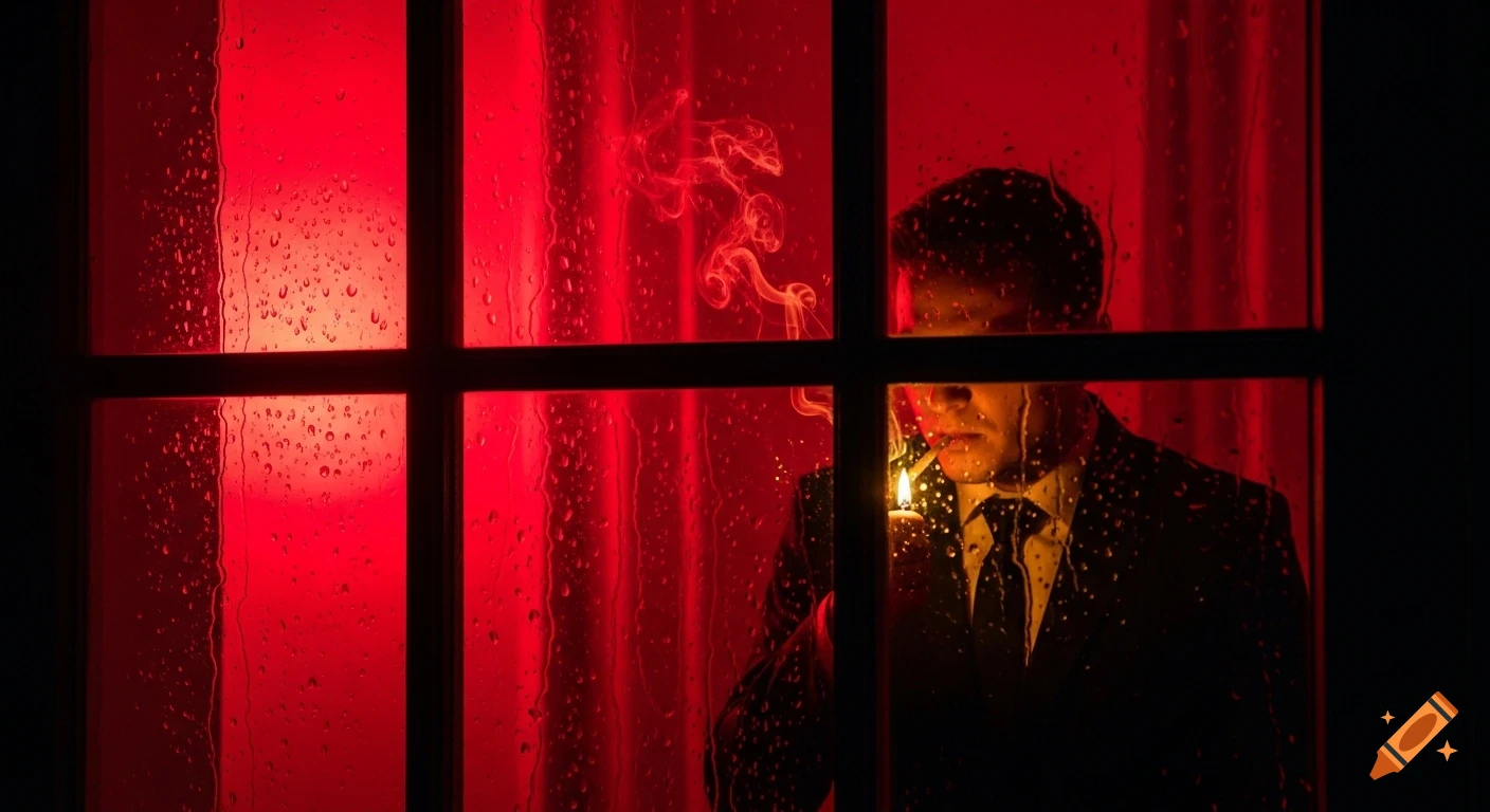 Man in a suit lighting a cigarette seen through a rain-streaked window, bathed in red light, cinematic style.