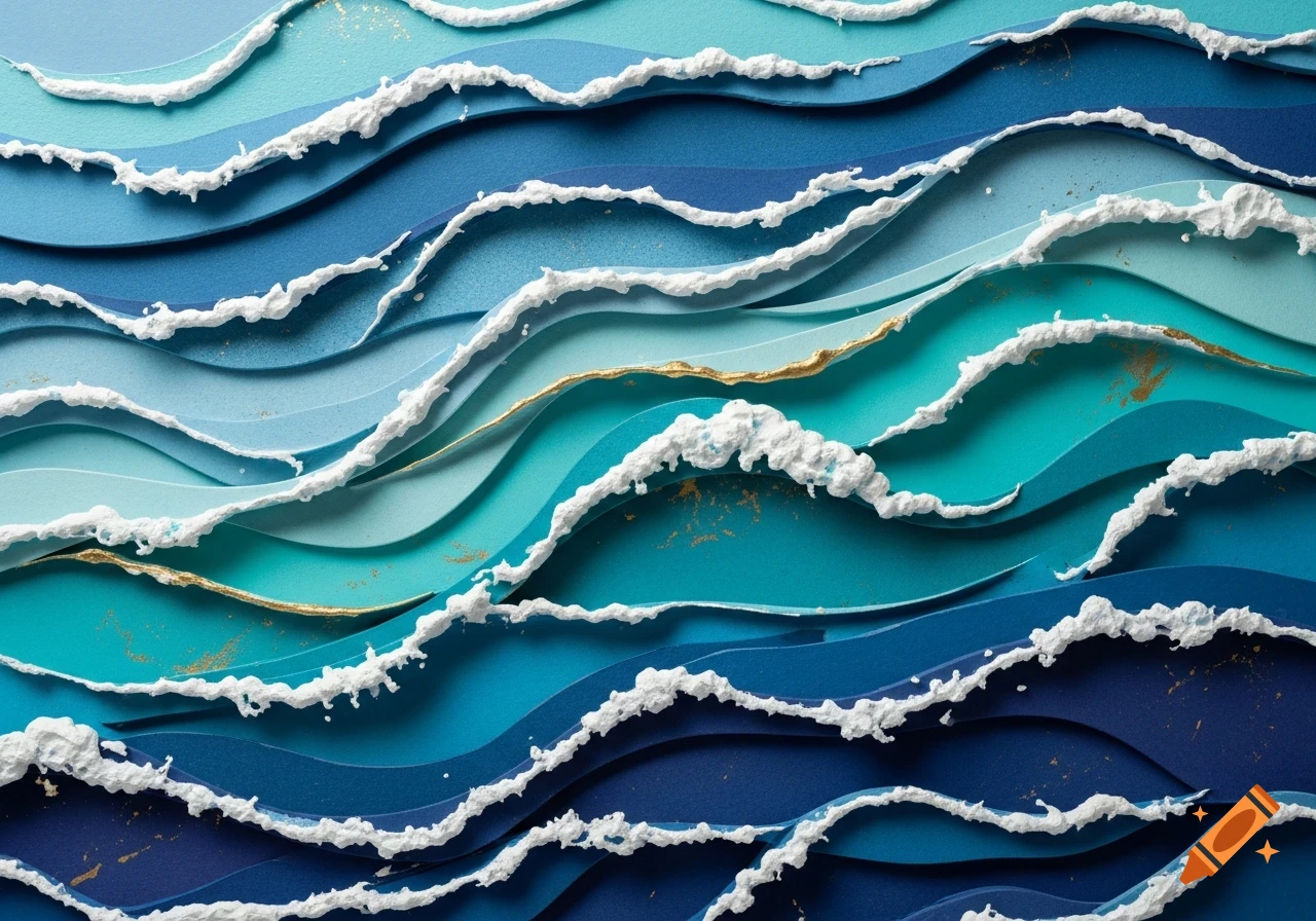 Abstract ocean waves in various shades of blue and teal, with white textured foam and golden accents, resembling a paper craft.
