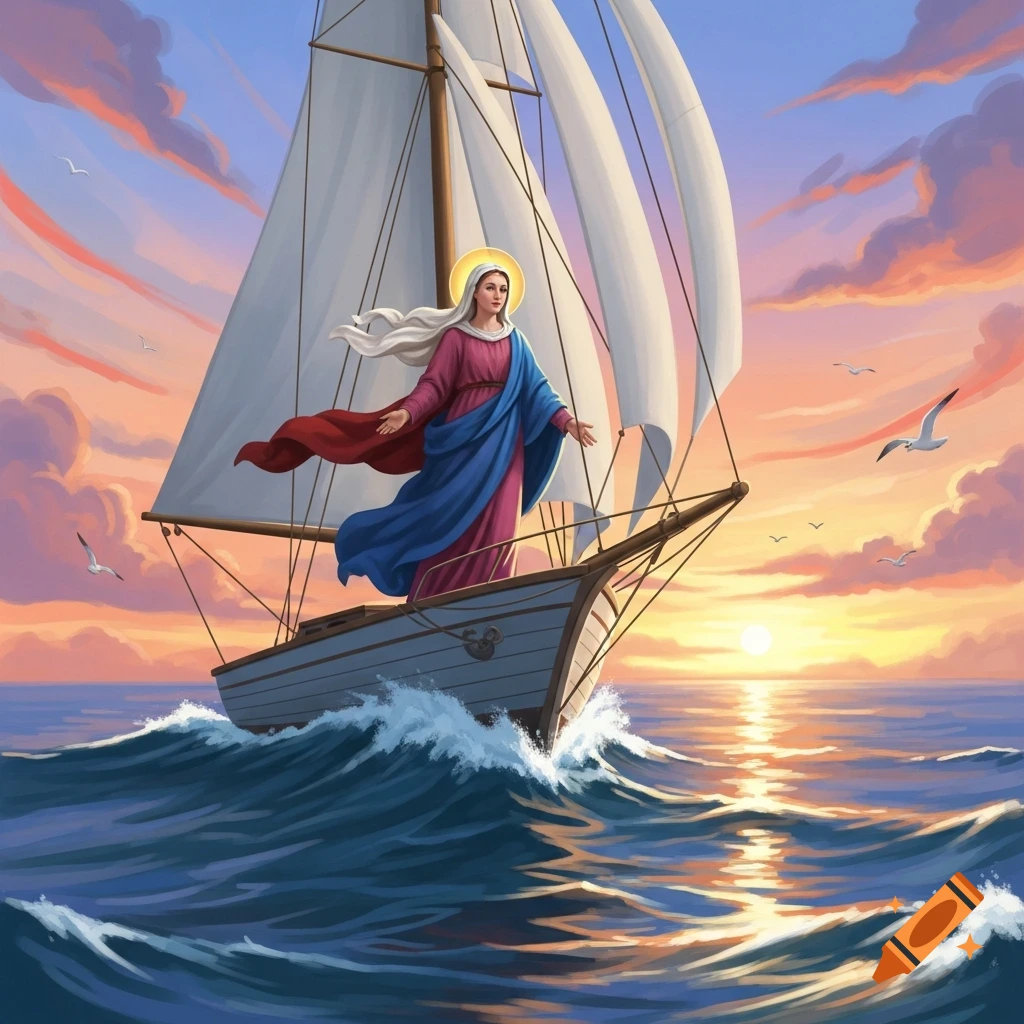 A woman with a halo, in red and blue robes, stands on a sailboat cutting through waves at sunset.
