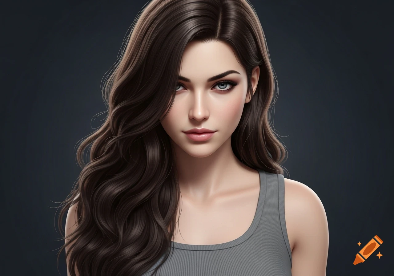 A hyperrealistic portrait of a young woman with long wavy dark brown hair, pale skin, and gray eyes, wearing a gray tank top.