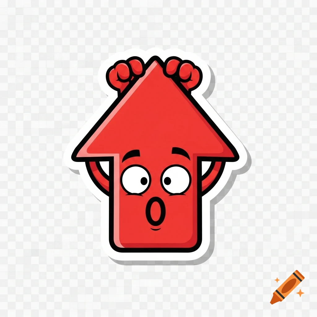A red cartoon arrow character with wide eyes and an open mouth, hands pressed to its head in a panic, depicted as a sticker.