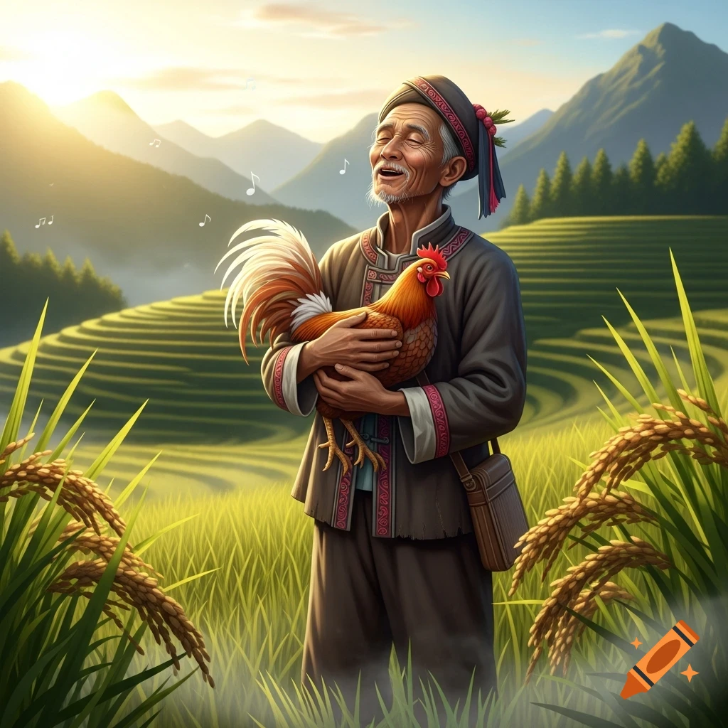 An old Asian man in traditional clothes holds a chicken and sings joyfully in sunlit terraced rice fields.