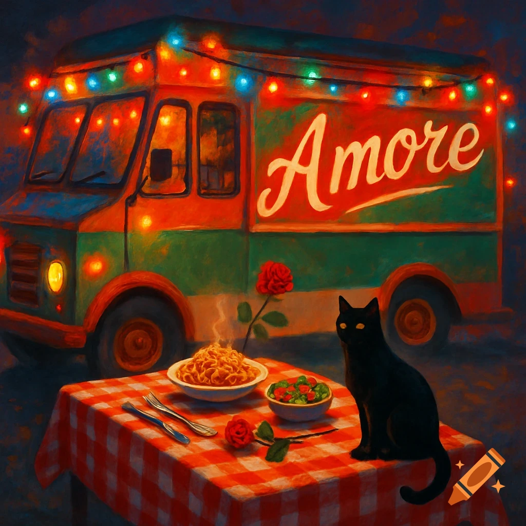 Painterly image of an Italian food truck named Amore with string lights. A black cat sits by a red and white checkered table with spaghetti and roses.
