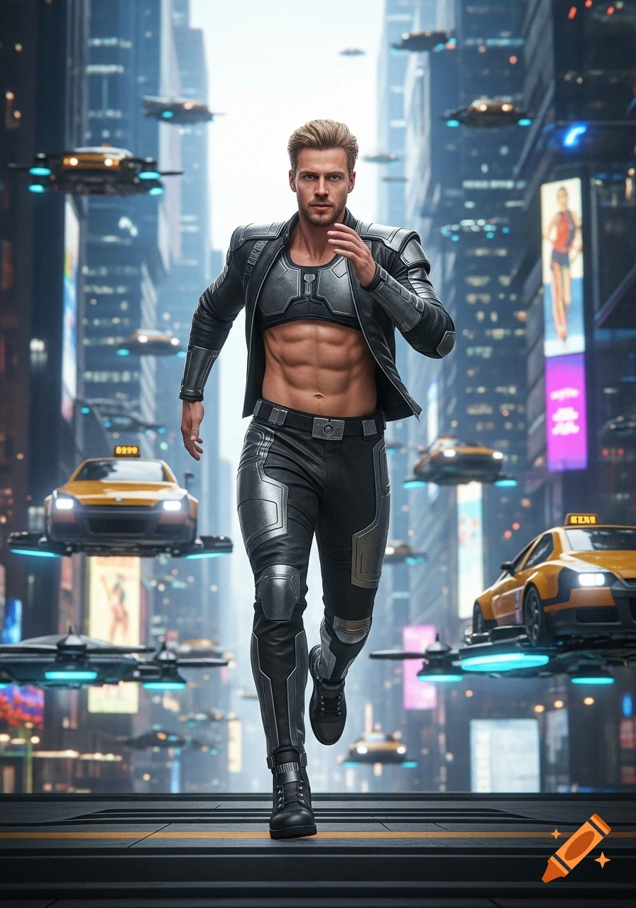 A man in futuristic gear runs through a cyberpunk city with flying yellow taxis.
