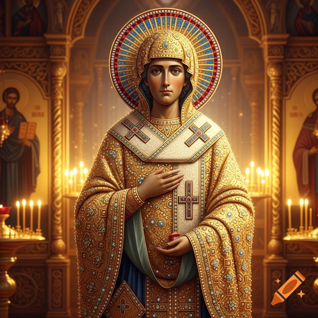 Orthodox icon of a figure in richly adorned gold robes, standing in a golden church with glowing candles.