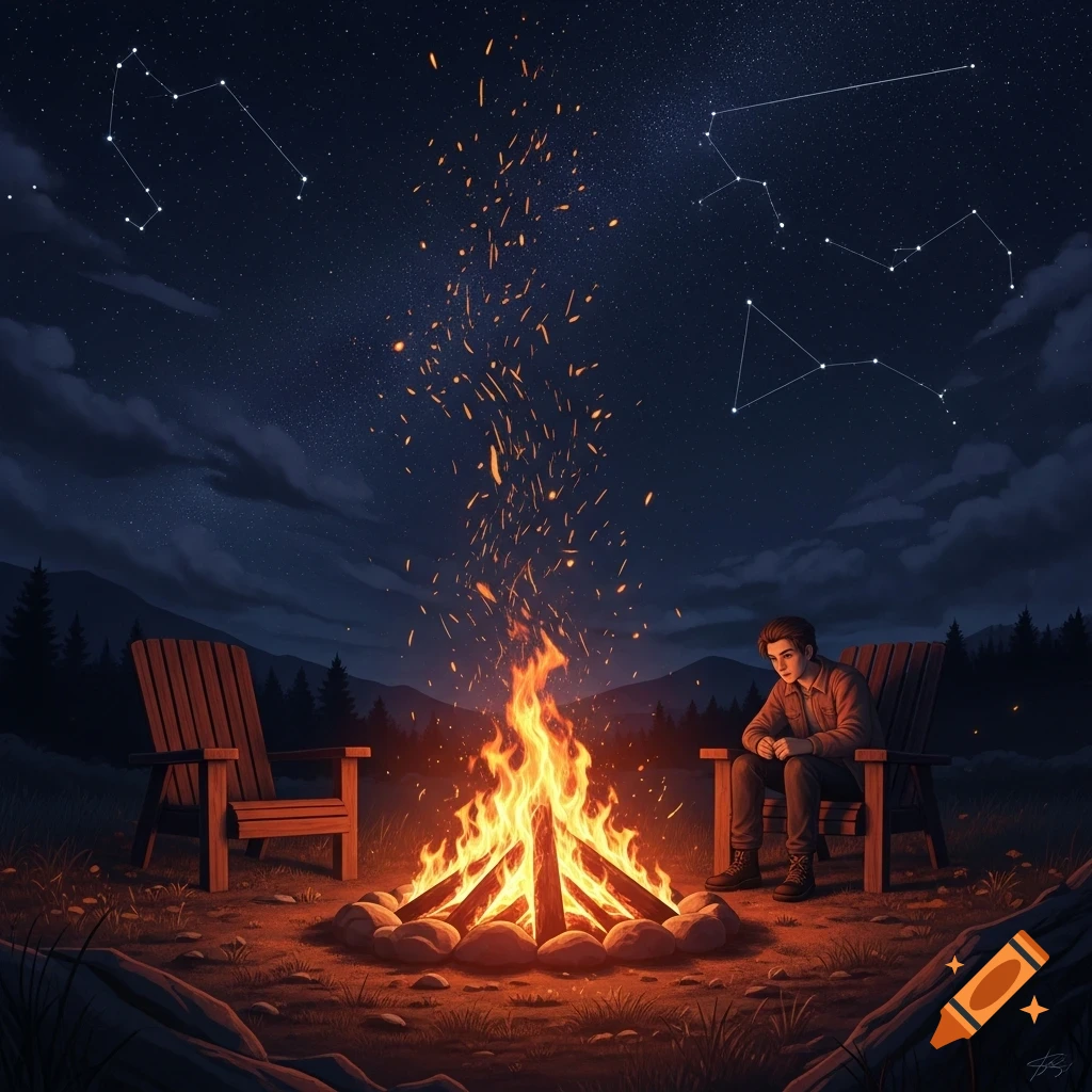 A person sits on an Adirondack chair by a large bonfire, sparks flying up to a starry night sky with visible constellations.