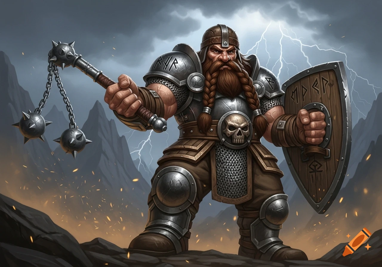 A muscular fantasy dwarf with a braided beard, wearing chainmail and a skullcap, wields a flail and shield amidst a stormy, mountainous landscape with lightning.