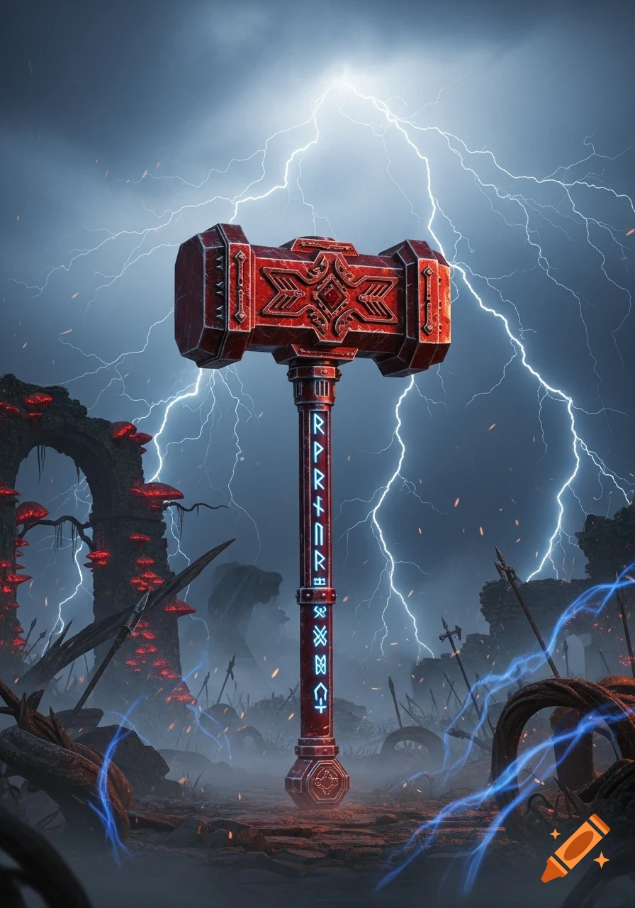 A massive red warhammer with glowing blue runes stands upright in a stormy, ruined fantasy landscape with lightning, glowing red fungi, and scattered weapons.