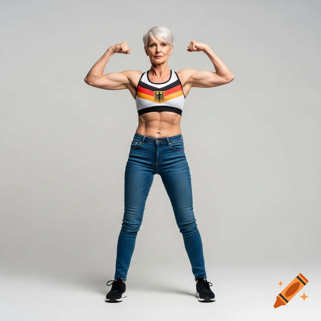 A fit, grey-haired woman in a German flag sports bra and jeans flexes her biceps in a full-body shot.